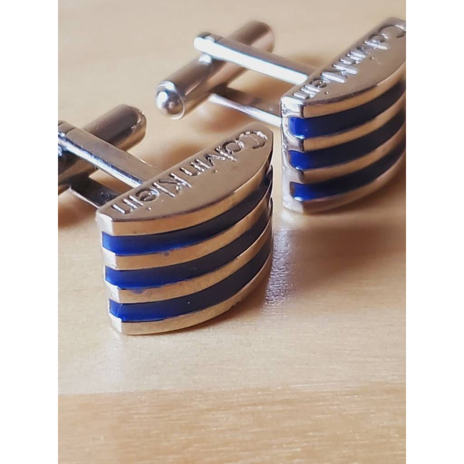 Calvin Klein Calvin Klein Mens Silver Tone Cufflinks Blue Stripes Grailed