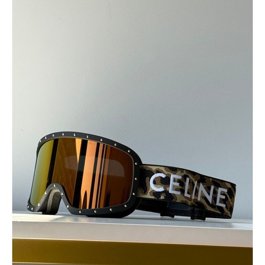 NEW Celine CL40196U Black Gold Cheetah Mirrored Ski Goggles