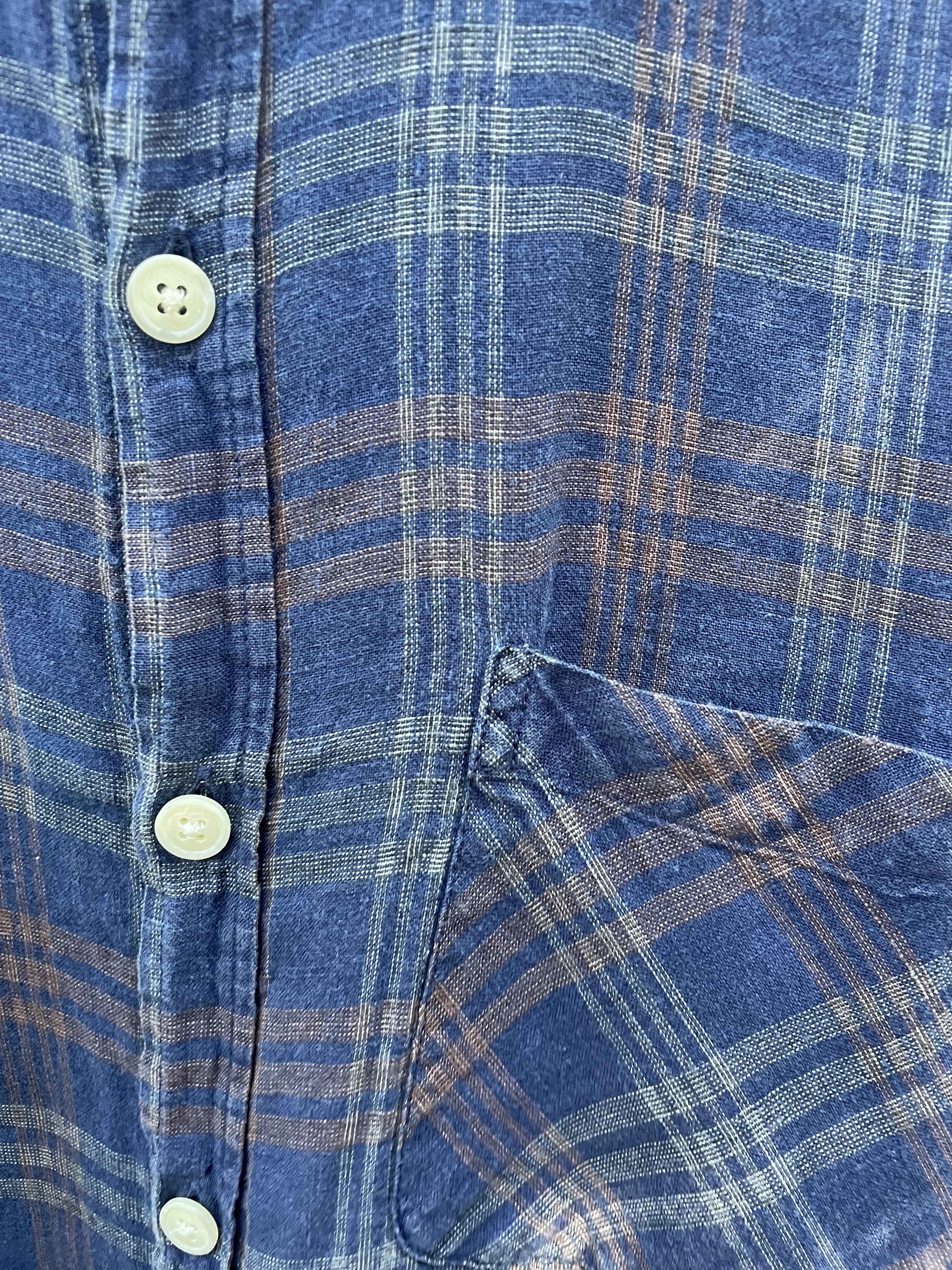 Oliver Spencer Linen Indigo Plaid Band Collar Shirt Size US M / EU 48-50 / 2 - 3 Thumbnail
