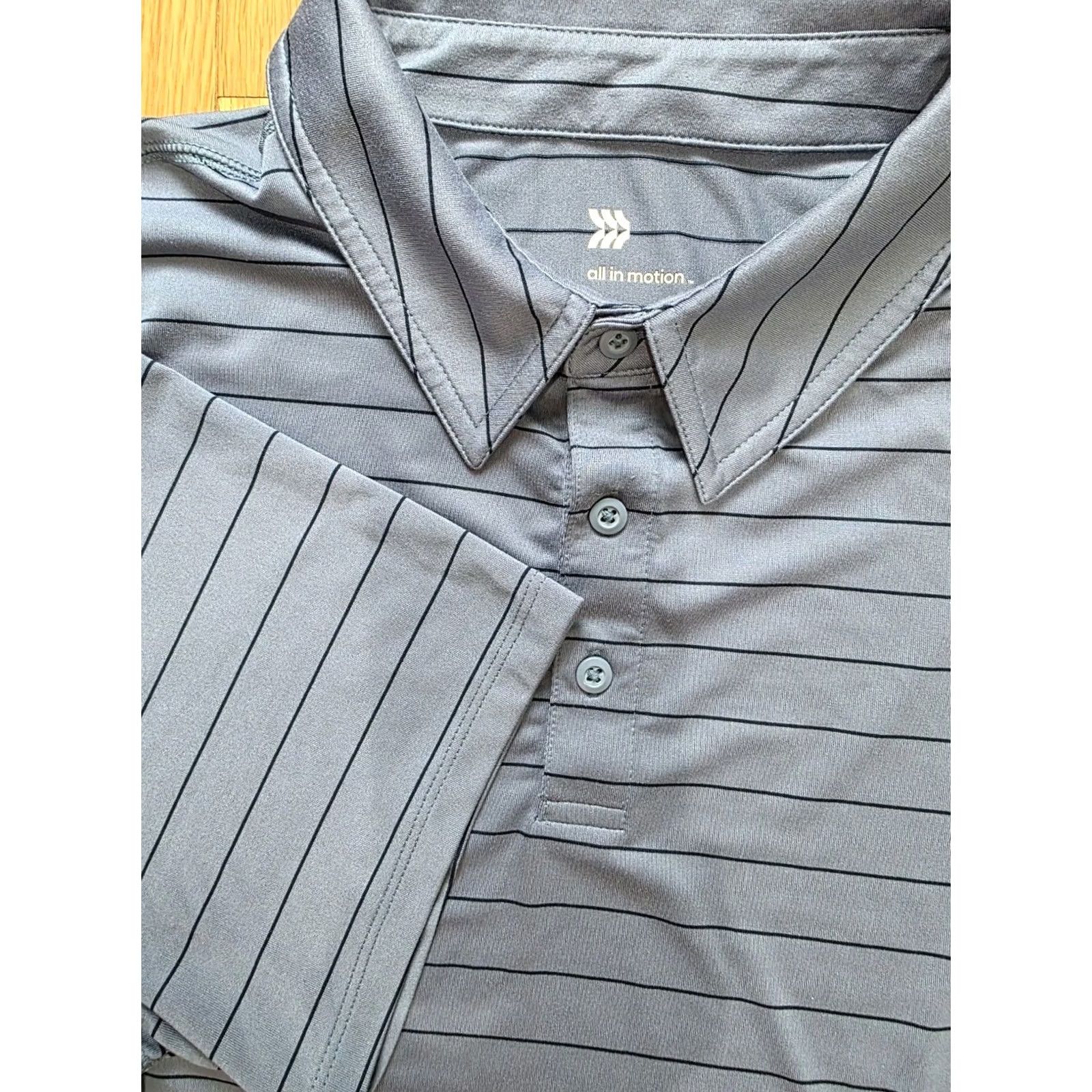Vintage ALL IN MOTION Polo Shirt Grey Blue Stripe Lightweight Performance Large L Men Short Sleeve Collared Shirt Size US L / EU 52-54 / 3 - 4 Thumbnail