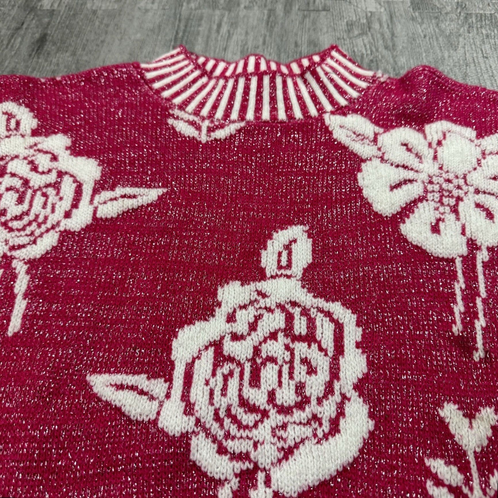 Vintage VINTAGE Glamour Knit Sweater 1980s Casual Knit OS Pink Metallic Floral Womens Size M / US 6-8 / IT 42-44 - 2 Thumbnail