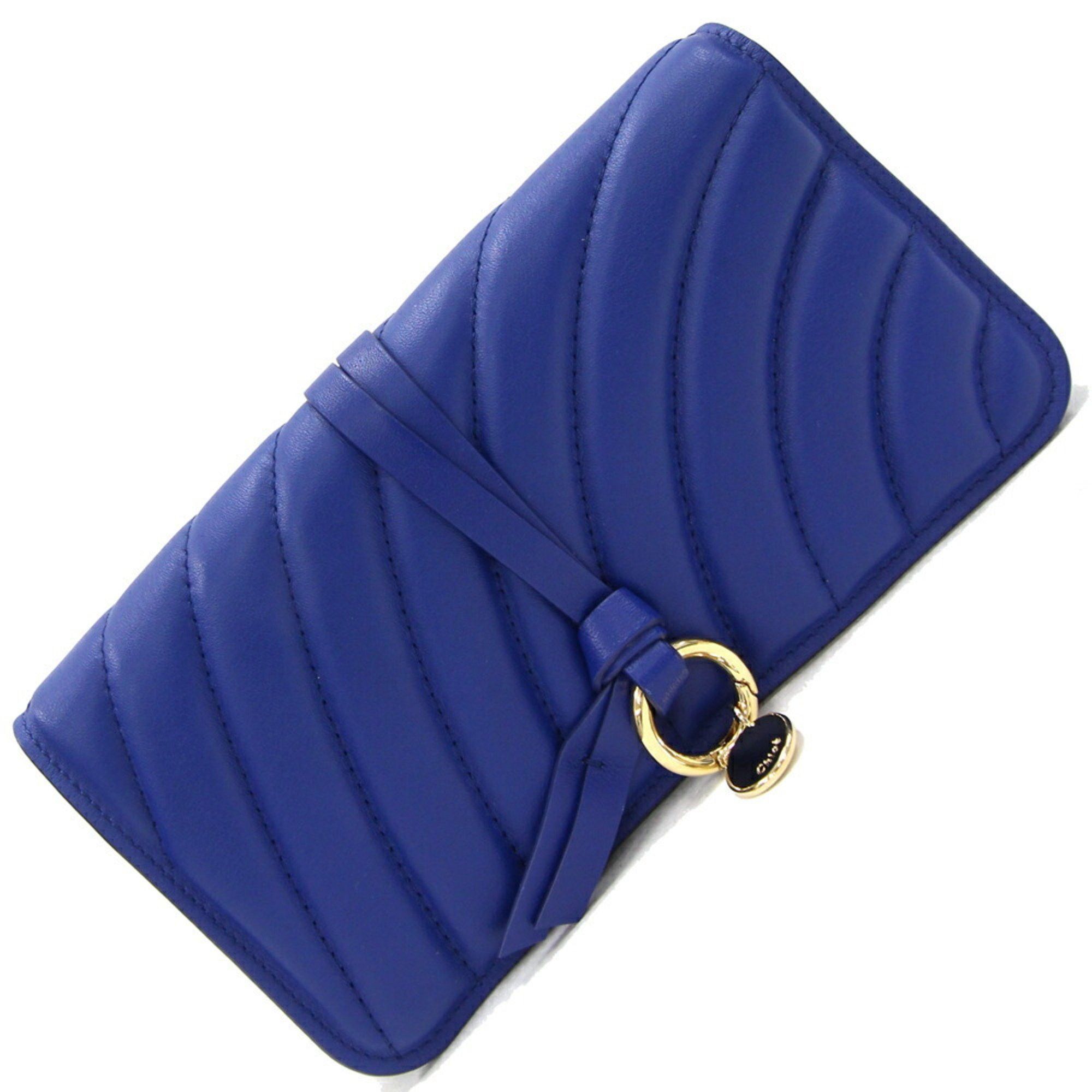 image of Chloé Chloe Bifold Long Wallet Alphabet Chc18Up715 Blue Leather Quilted Stitch Charm Ladies in Roya