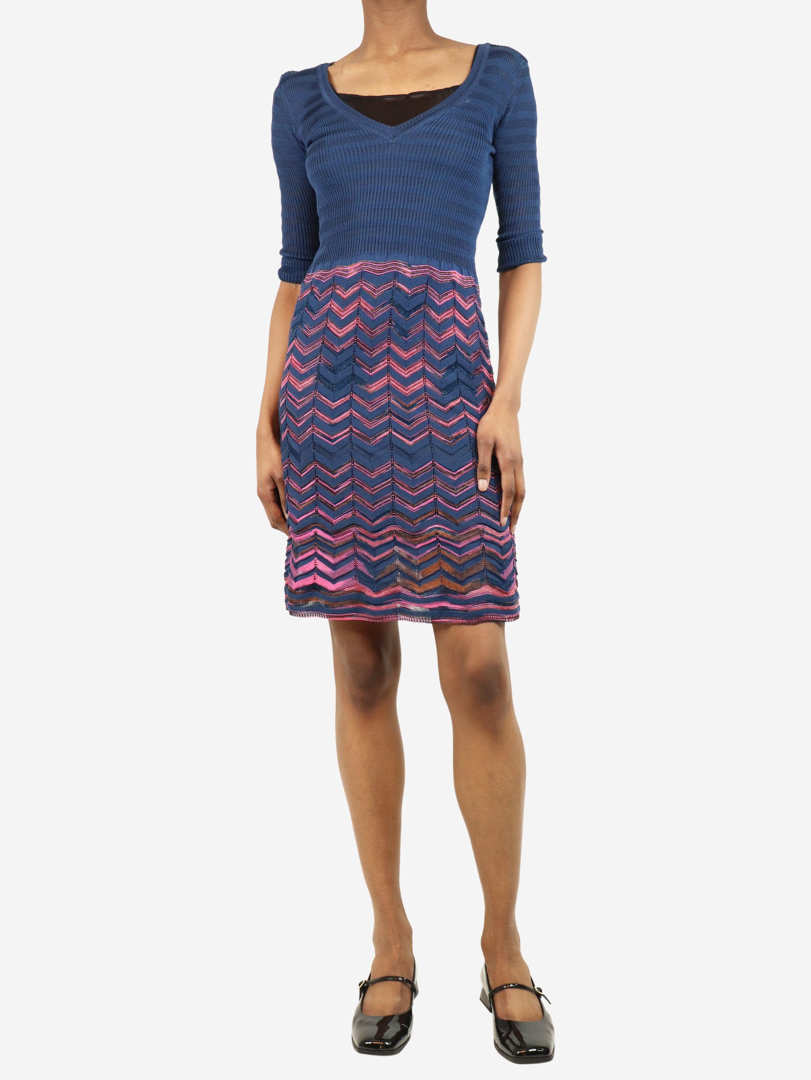 Blue and pink zigzag pattern midi dress - size UK 6