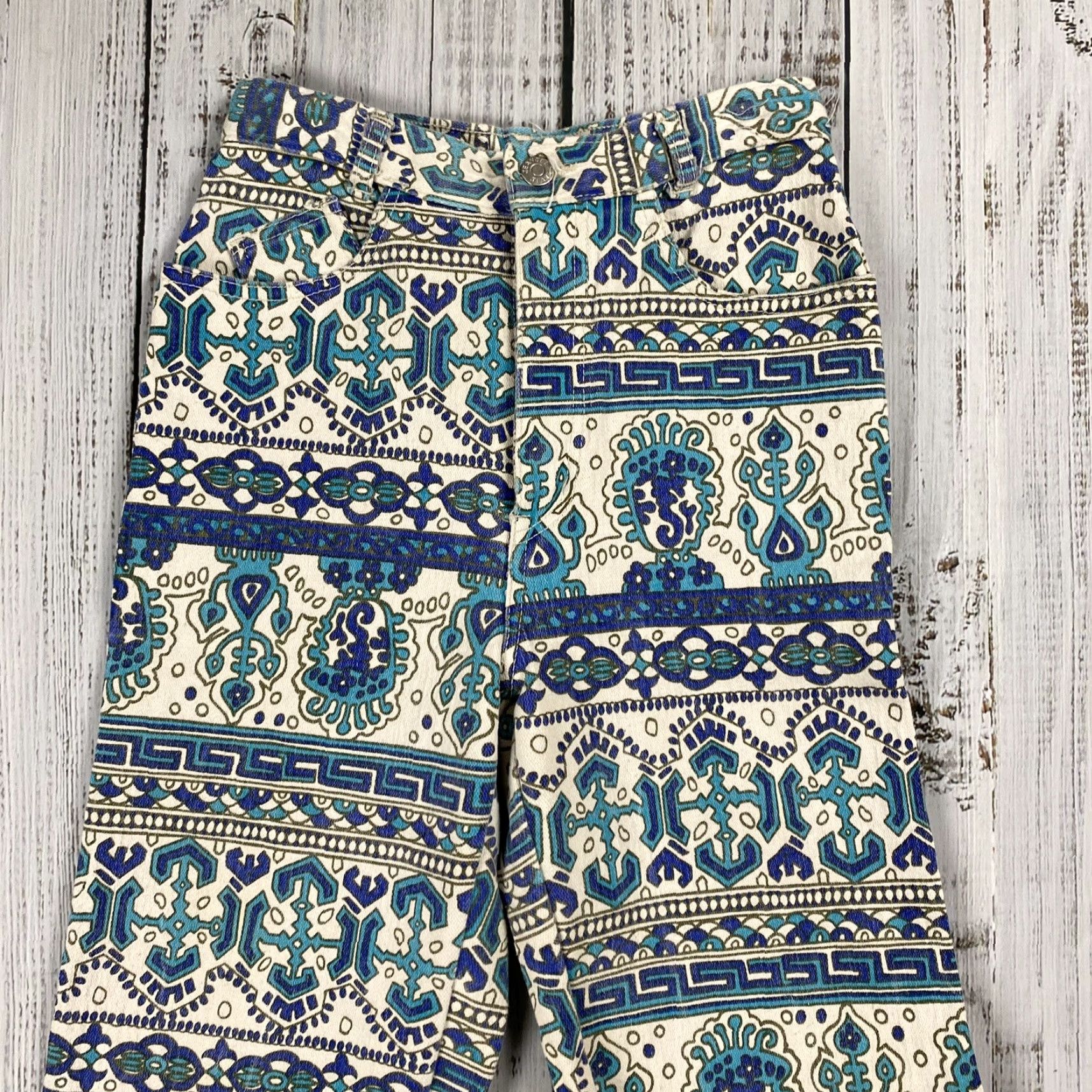 Vintage VTG JeanJer Jeans Women Juniors 25" Waist 28.5" Inseam Blue 80s Tribal Pattern Tapered Jeans Size 5/6 Size 27" / US 4 / IT 40 - 2 Thumbnail