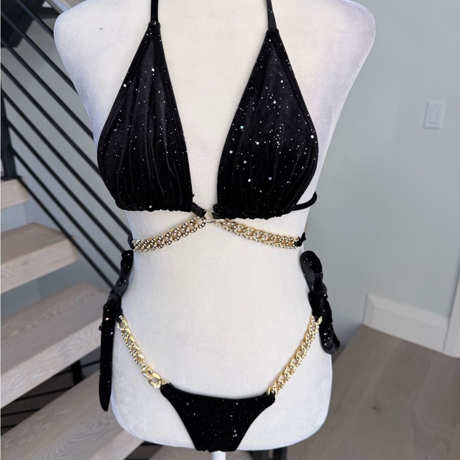 Other Black and Gold Shiny Velvet Bikini Swimsuit Swimwear size XS Size ONE SIZE - 7 Thumbnail