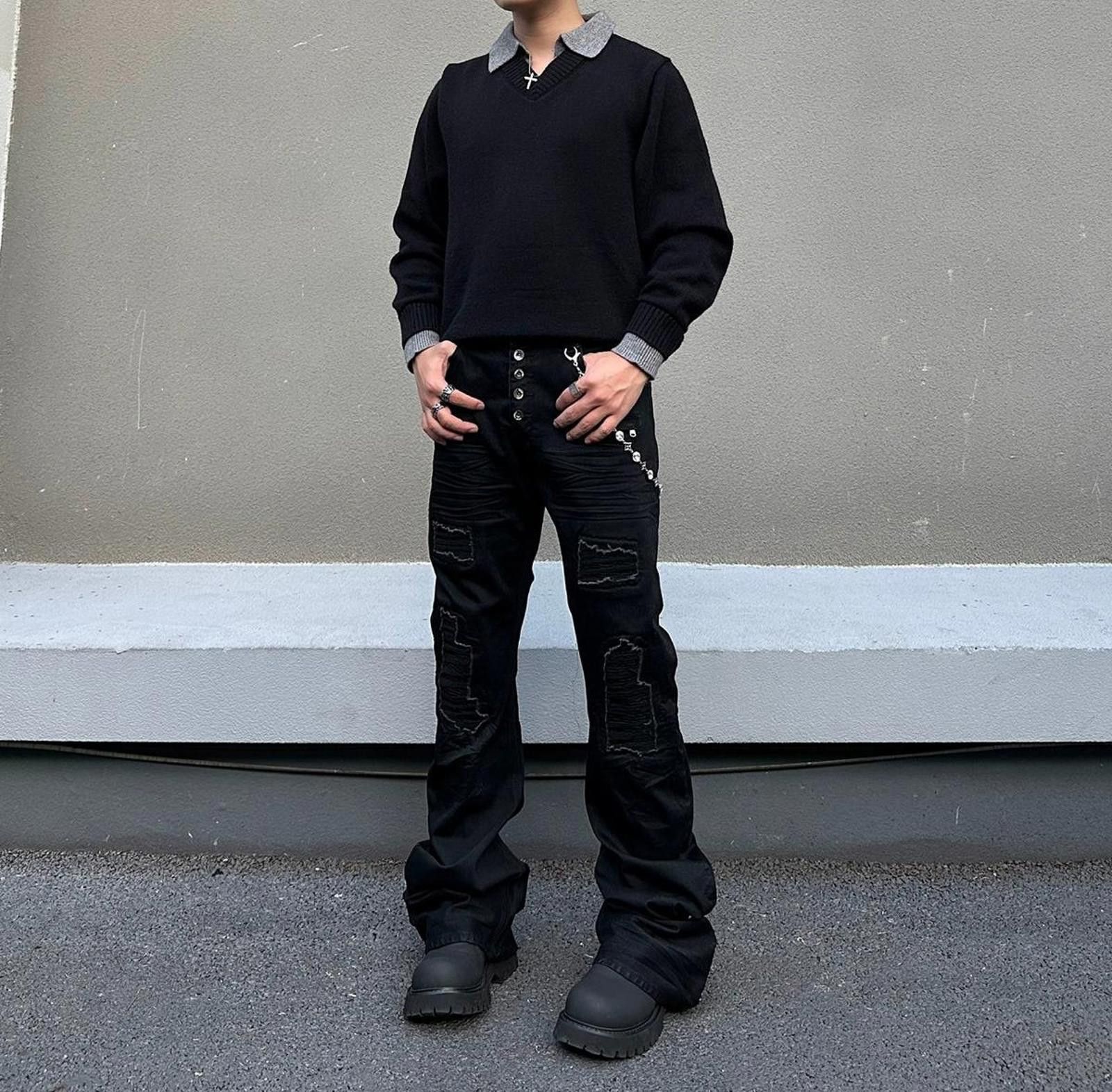 Japanese Brand Black Distressed Baggy Wide Leg Jeans, Barrel Leg Jeans Size US 32 / EU 48 - 1 Thumbnail
