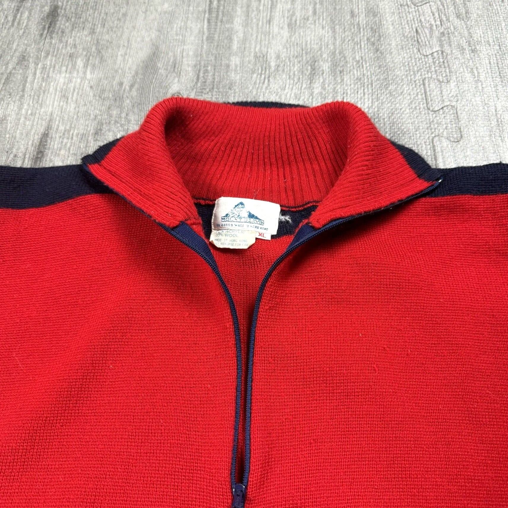 Vintage VTG Mount Cervin 1/4 Zip Mock Neck Ski Sweater Wool Blend Red Navy Grey XL Mens Vintage 80s Skiing Pattern Striped Military/Retro Knit 1/4 Zip Sweater Size US XL / EU 56 / 4 - 3 Thumbnail