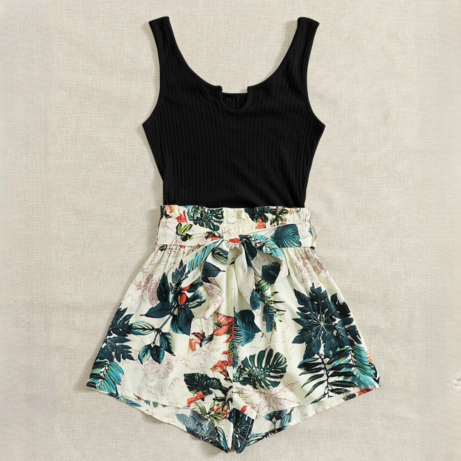 Shein Vcay Tropical Print Paper Bag Waist Belted Tank Romper XS Size 26" / US 2 / IT 38 - 1 Thumbnail