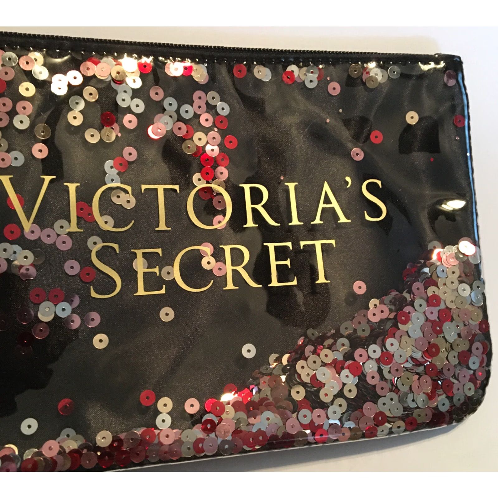 Victoria's Secret Victoria's Secret Wristlet Cosmetic Bag Zippered Sequin Bling Confetti Black Vinyl 9" x 6" x 5" Women Medium Size ONE SIZE - 5 Thumbnail