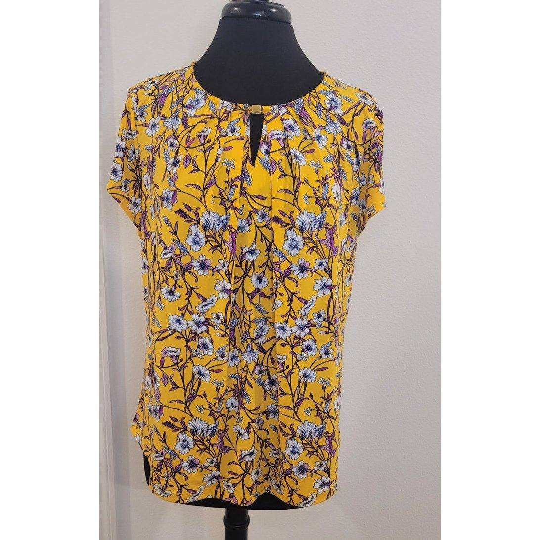 Liz Claiborne Liz Claiborne Yellow Floral Blouse XL Short Sleeve Top Size XL / US 12-14 / IT 48-50 - 1 Thumbnail