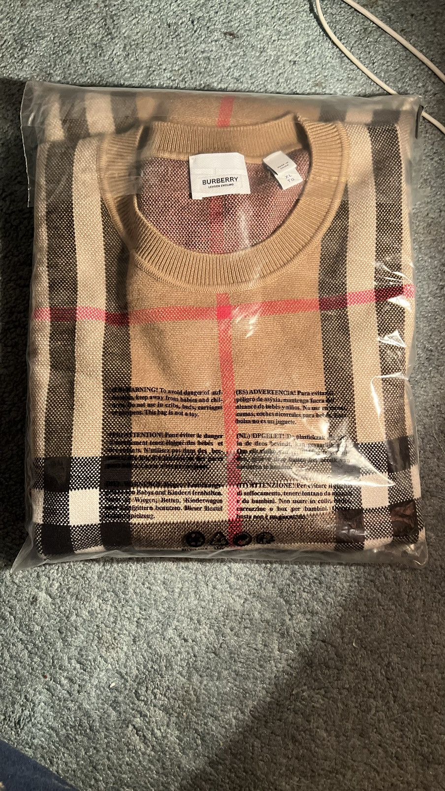 image of Burberry Knitted Short Sleeve Sweater in Plaid, Men's (Size XL)