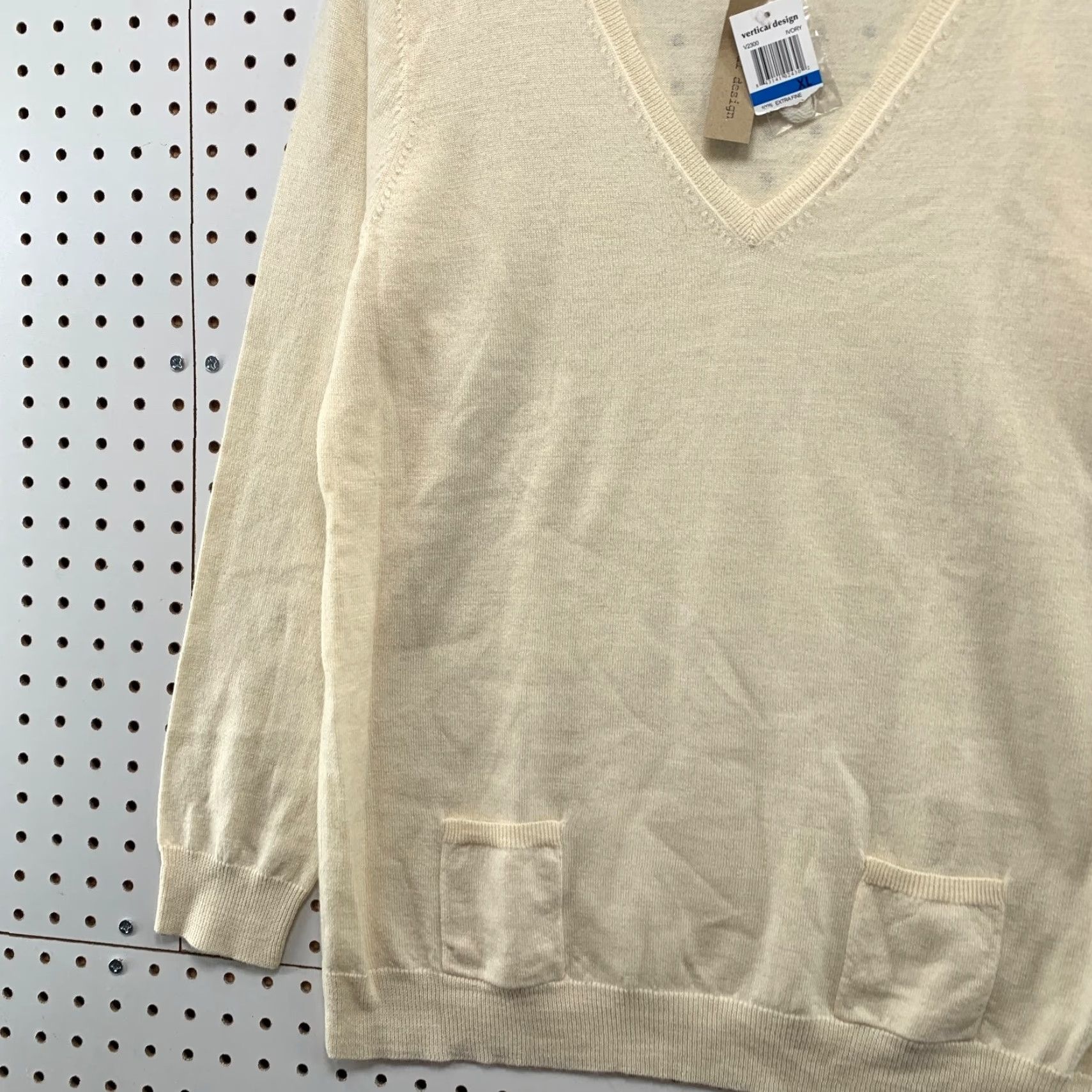 Vintage Vertical Design Sweater Womens XL Ivory Pockets 100% Merino V Neck Size XL / US 12-14 / IT 48-50 - 3 Thumbnail