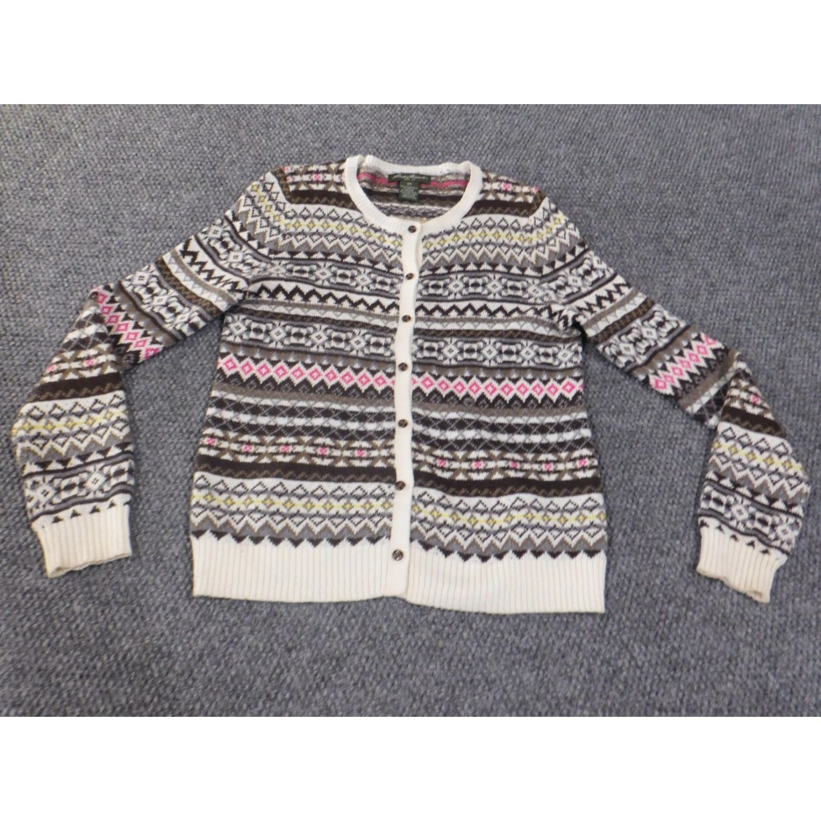 Eddie Bauer Eddie Bauer Sweater Womens S Brown Geometric Cardigan Knit Wool Cable-Knit Crew Neck Long Sleeve Raglan Vintage No Pattern: Geometric Size S / US 4 / IT 40 - 2 Thumbnail