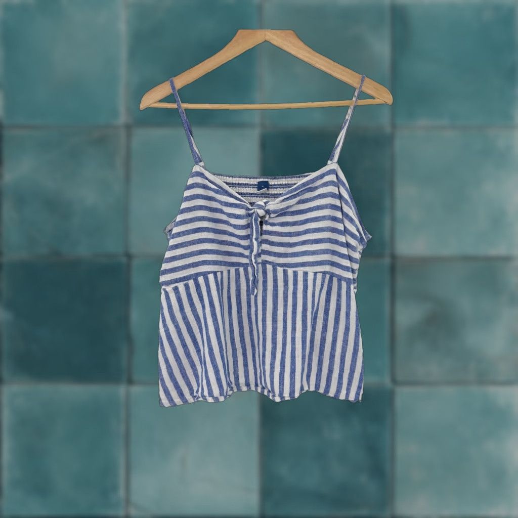 Old Navy Old Navy Camisole Blouse XL Blue Striped Sweetheart Tie Front Sleeveless Linen Blend Beachy Coastal Womens Shirt Size XL / US 12-14 / IT 48-50 - 1 Thumbnail