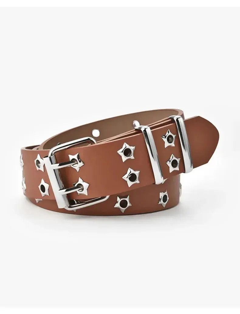 image of Brown Color Star Eye Rivet Pu Leather Belt, Men's