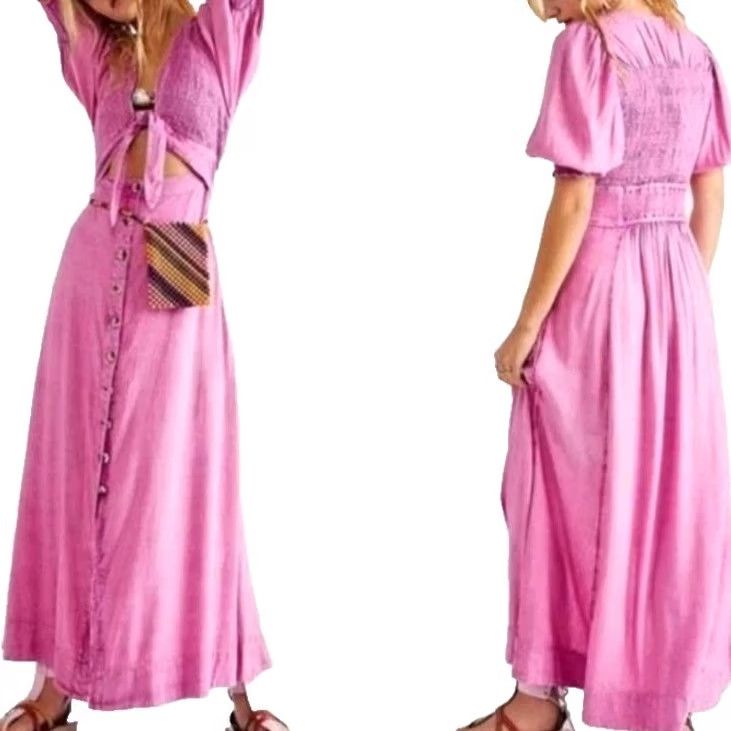 Free People Free People Pink Front Tie Long Maxi Dress XS Shirt Womens Size XS / US 0-2 / IT 36-38 - 6 Thumbnail