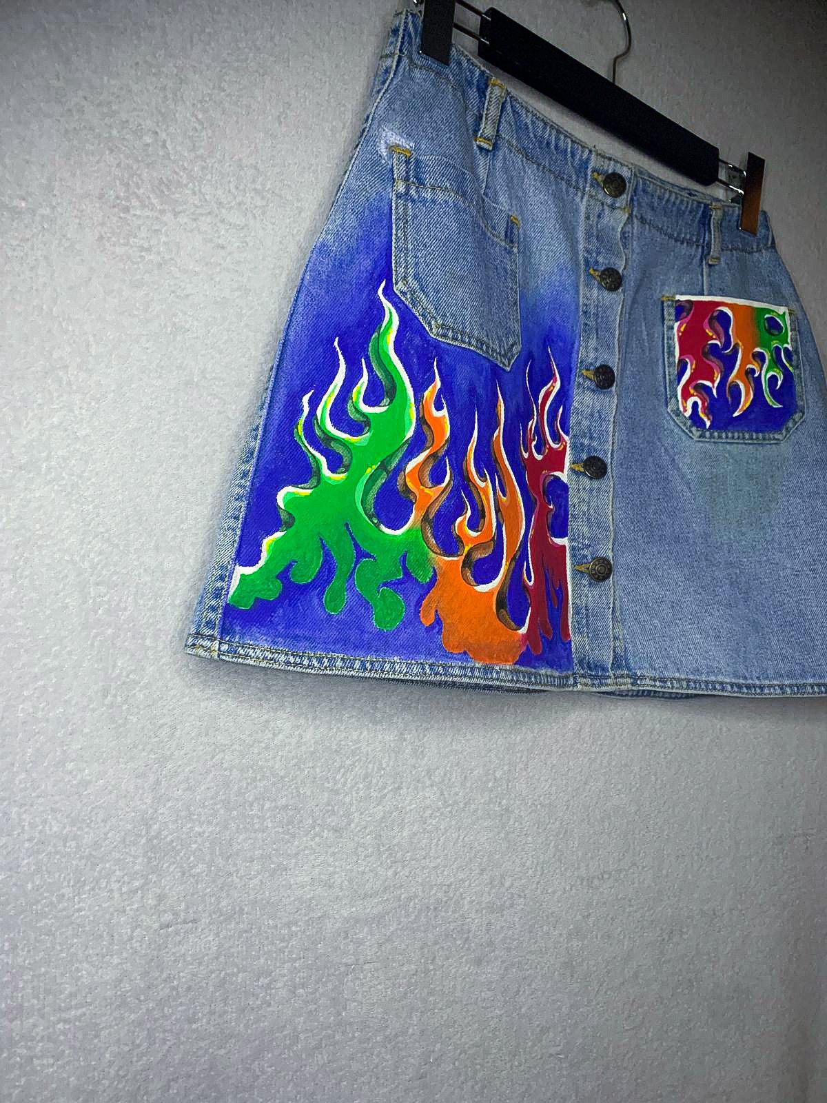 Handmade × Vintage Mini skirt fire flame art handmade Size 26" / US 2 / IT 38 - 5 Thumbnail