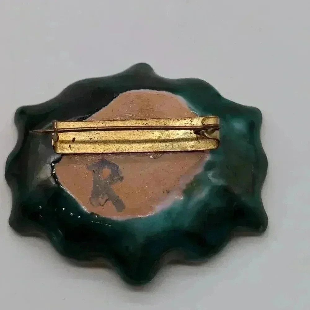 Vintage Blue Green and Gold ceramic Brooch Pin Rare Estate Jewelry Size ONE SIZE - 3 Thumbnail