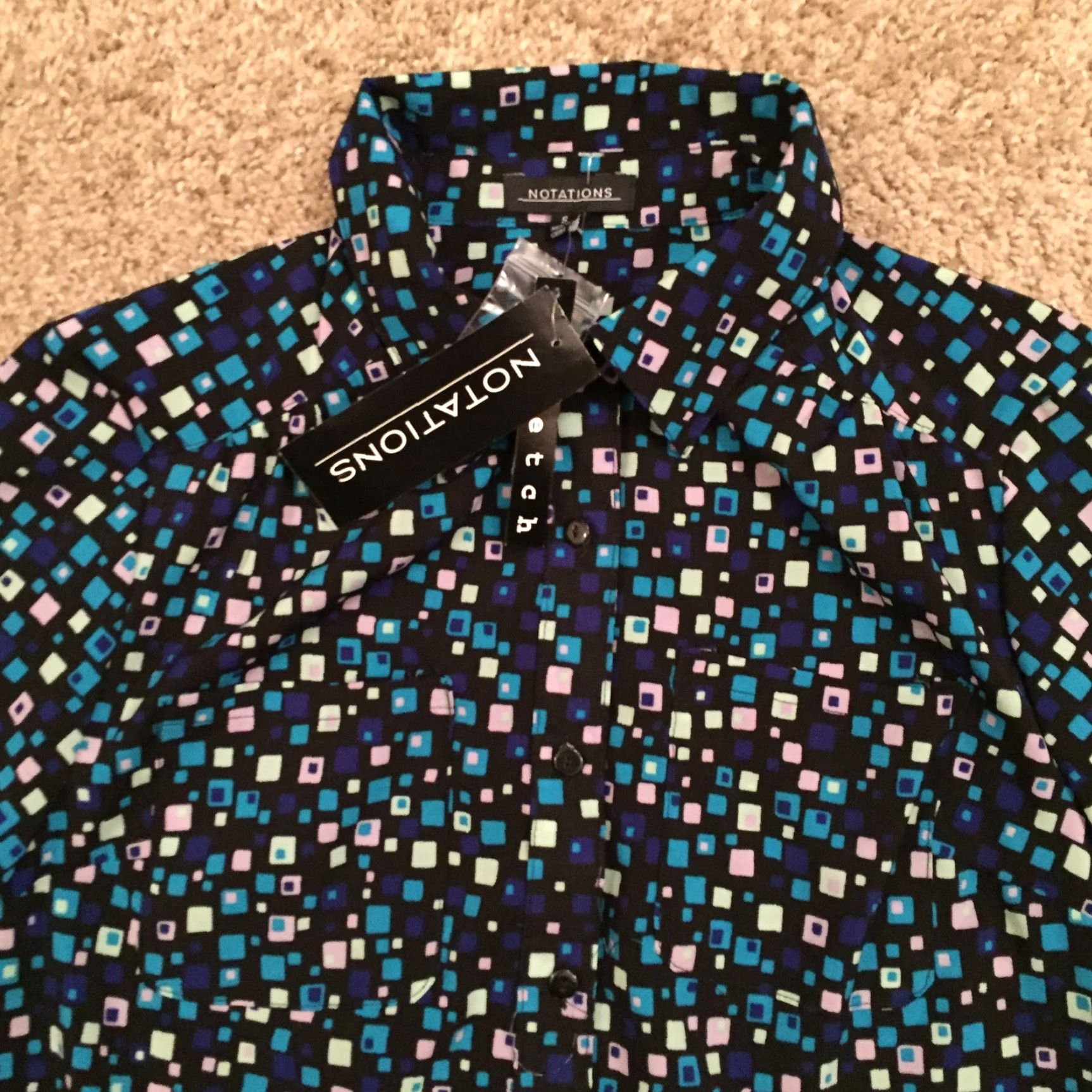 Vintage Notations Shirt Womens Small Blue Geometric Roll Tab Long Sleeve Button Up New Size S / US 4 / IT 40 - 3 Thumbnail