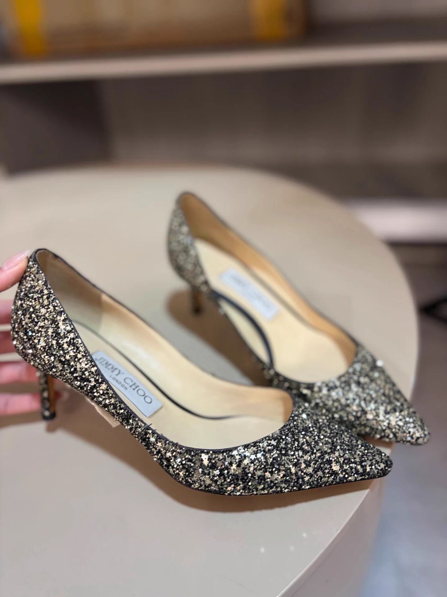 Jimmy Choo black gold star-sequin heels new 37