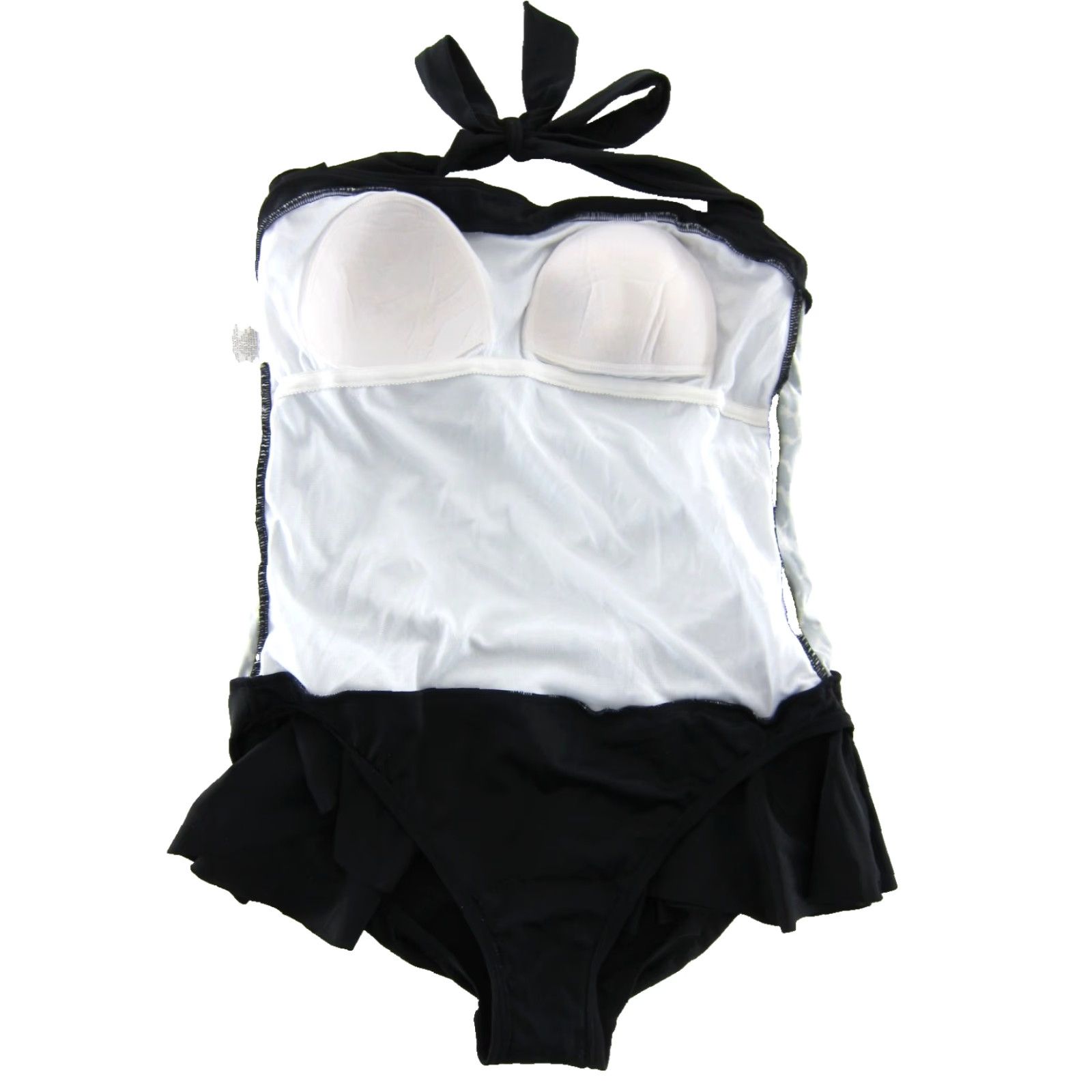 AQUA Aqua Green Black White Polka Dot Slimming One Piece Halter Swimsuit Dress Large Size L / US 10 / IT 46 - 4 Thumbnail