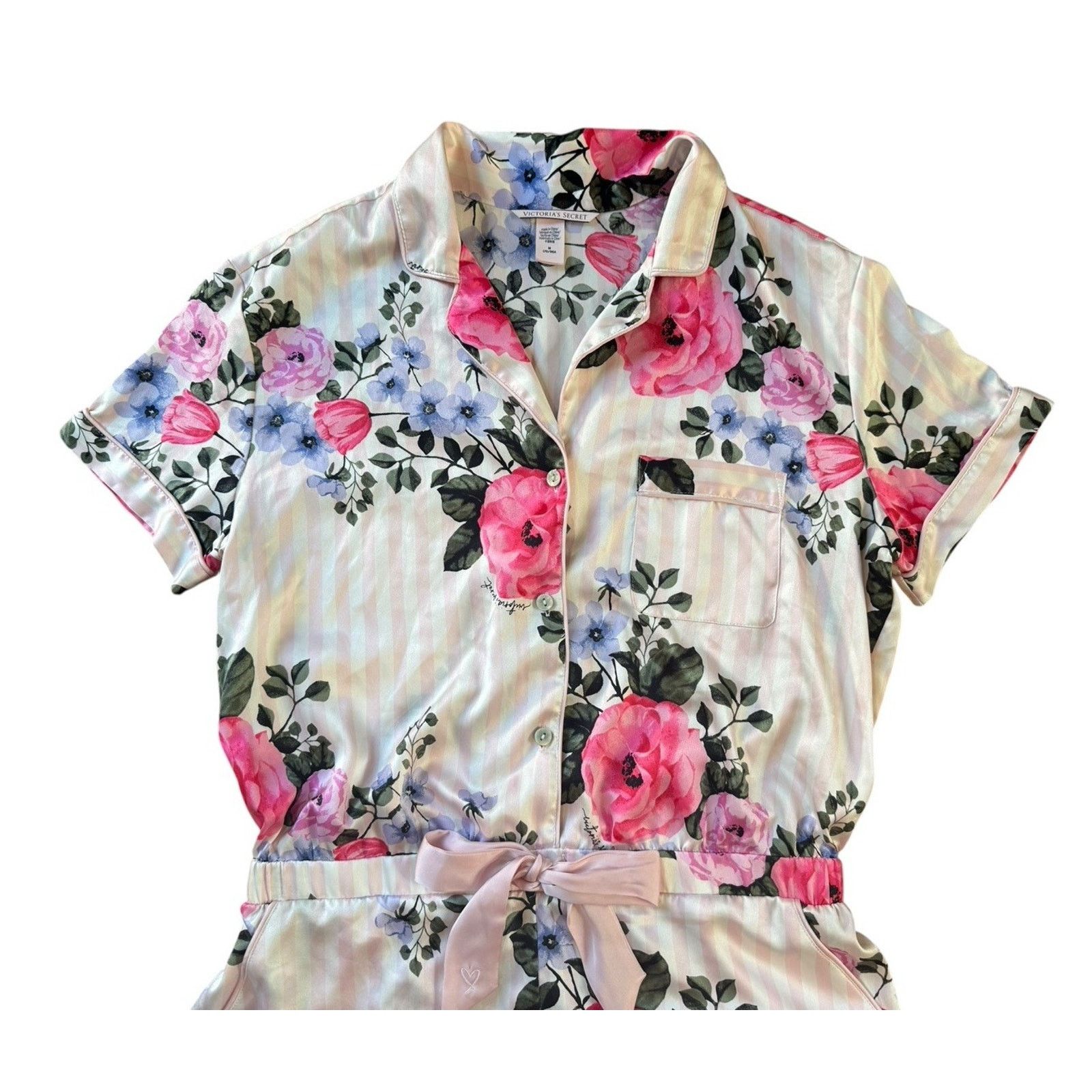 Victoria's Secret VICTORIA’S SECRET Satin Floral Striped Pajama Sleep Romper M Size ONE SIZE - 3 Thumbnail