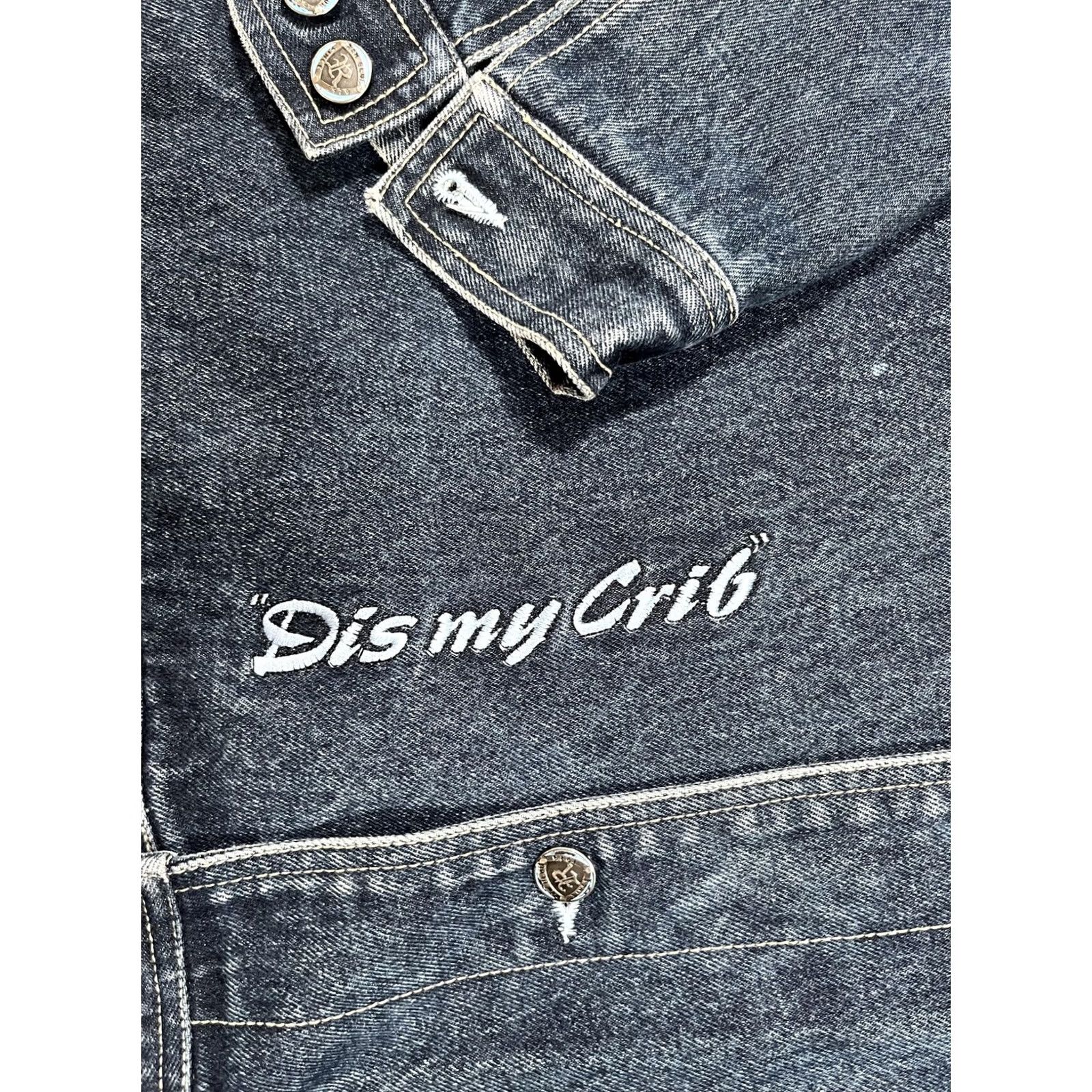 Denime Raw Blue Denim Jacket Mens 2XL Embroidered Bulldog Graphic Dis my Crib Applique Size US XXL / EU 58 / 5 - 4 Thumbnail