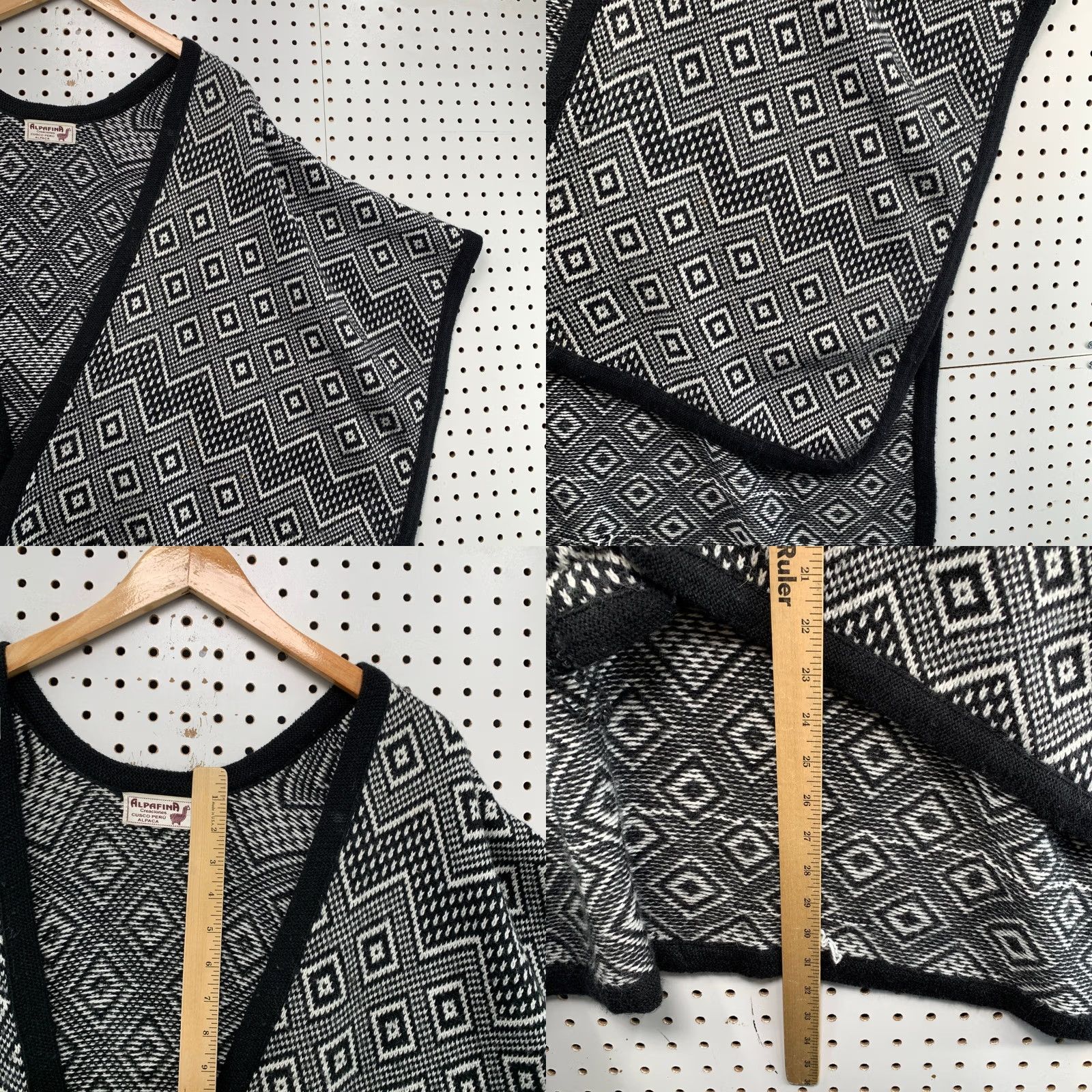 Vintage VINTAGE Alpafina Cusco Peru Alpaca Wool Poncho Geometric Diamond Knit Black White Wrap Size ONE SIZE - 8 Thumbnail