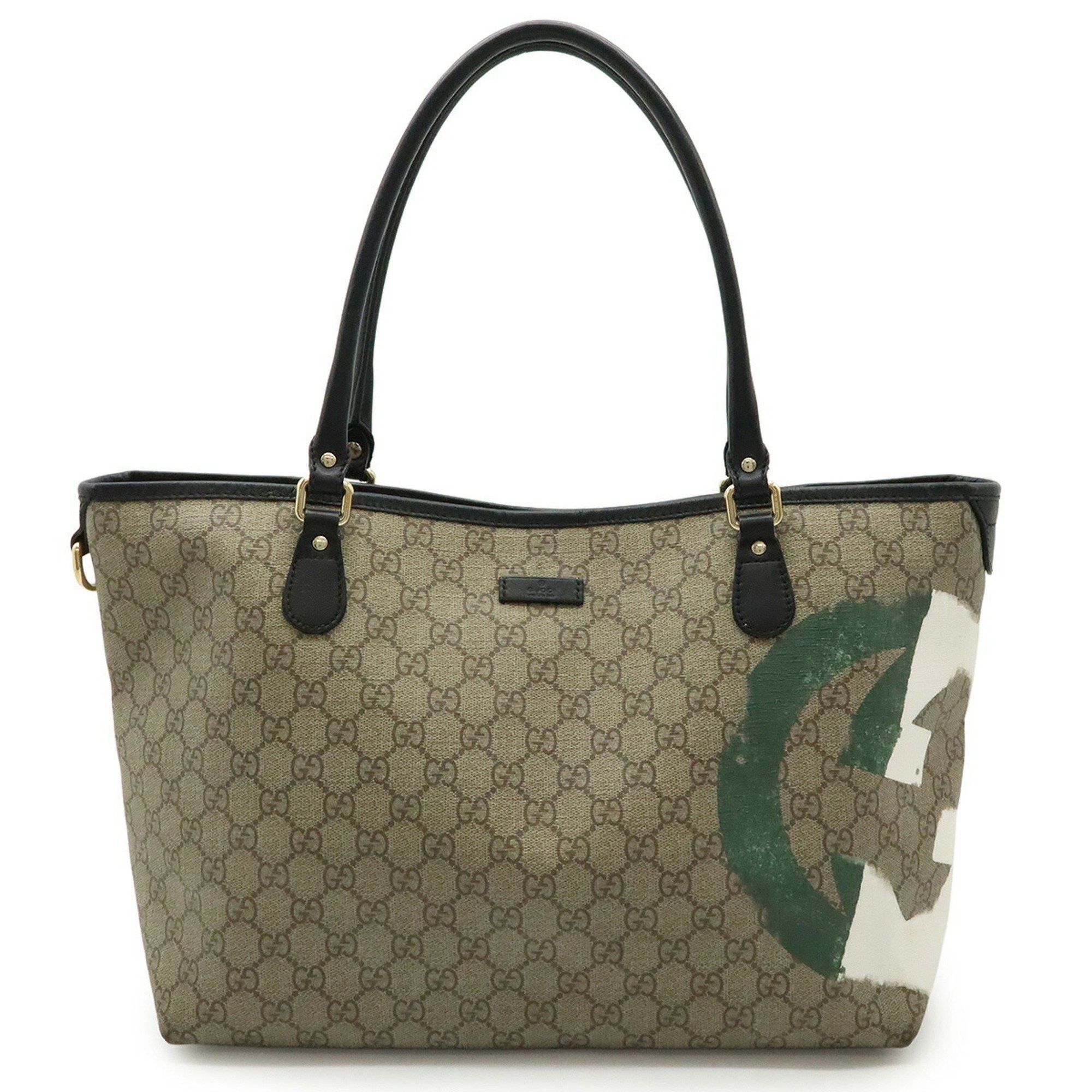 Gucci GG Supreme Interlocking G Tote Bag Shoulder Pvc Leather Beige Black 203693, Women's