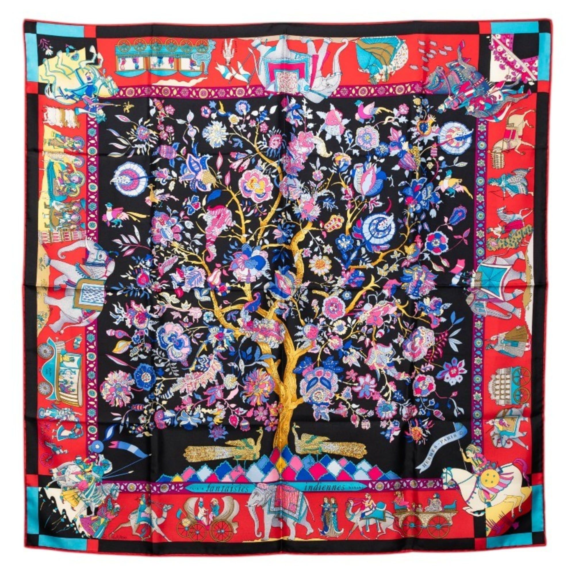 Hermes Hermès Carré 90 Fantaisies Indiennes Dazzling Indian Scarf/Muffler in Red and Multicolor Silk for Women