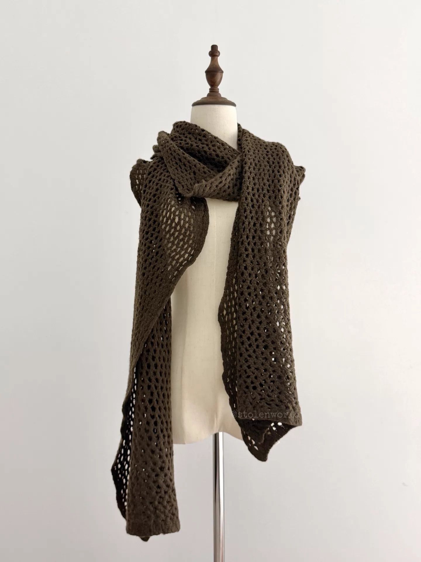 Yohji Yamamoto Yohji Yamamoto Y's Crochet Mesh Wool Scarf Moss Brown Size ONE SIZE - 7 Thumbnail