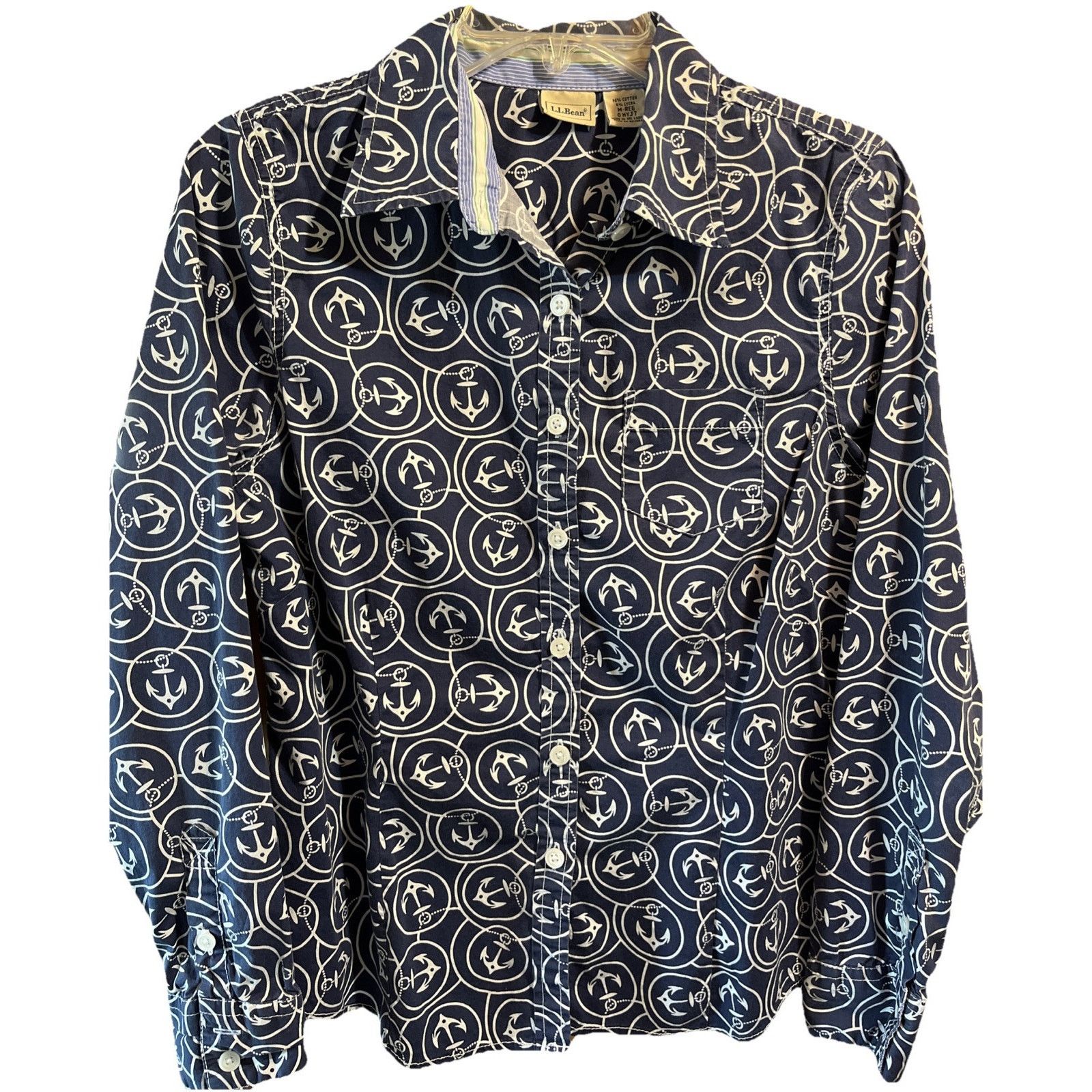 L.L. Bean LL Bean Top Women’s M Blue Anchor Print LS Stretch Shirt Size M / US 6-8 / IT 42-44 - 1 Thumbnail