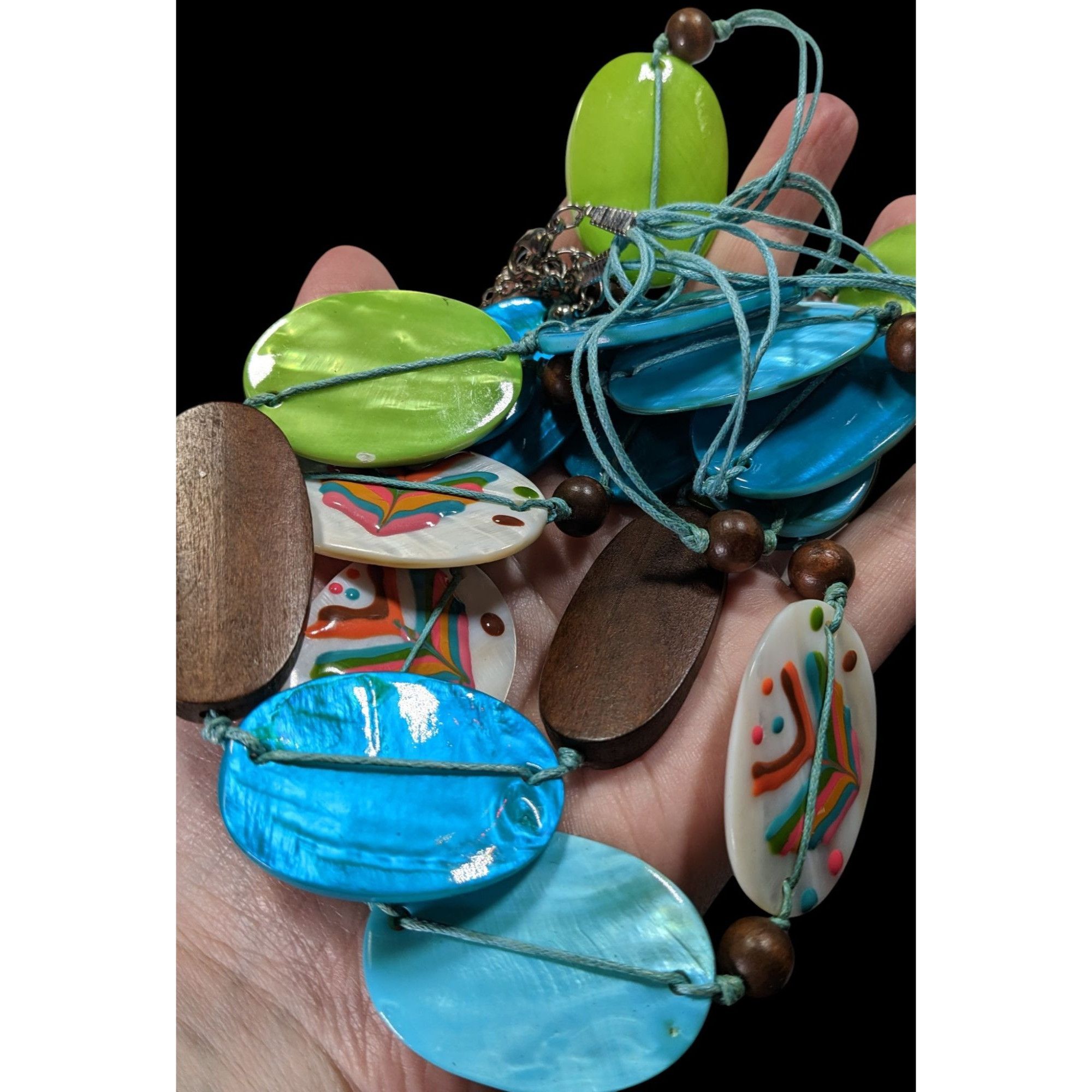 Other Vintage Boho Necklace W/ Blue Green & Hand-Painted Shell Bea Size ONE SIZE - 3 Thumbnail