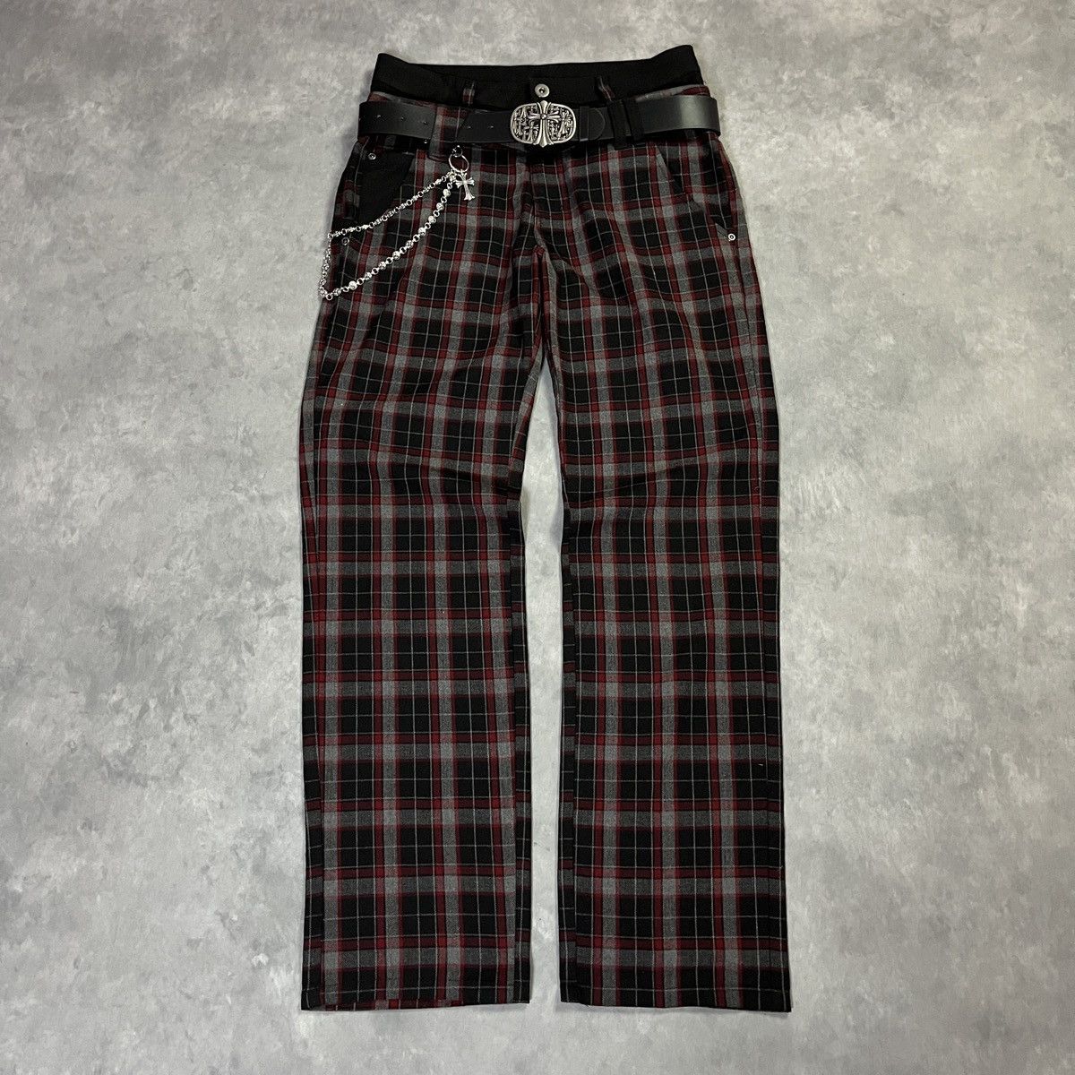 Japanese Brand 2000s Double Waist Red Black Plaid Punk Trousers Y2k Vibe Size US 27 - 1 Thumbnail