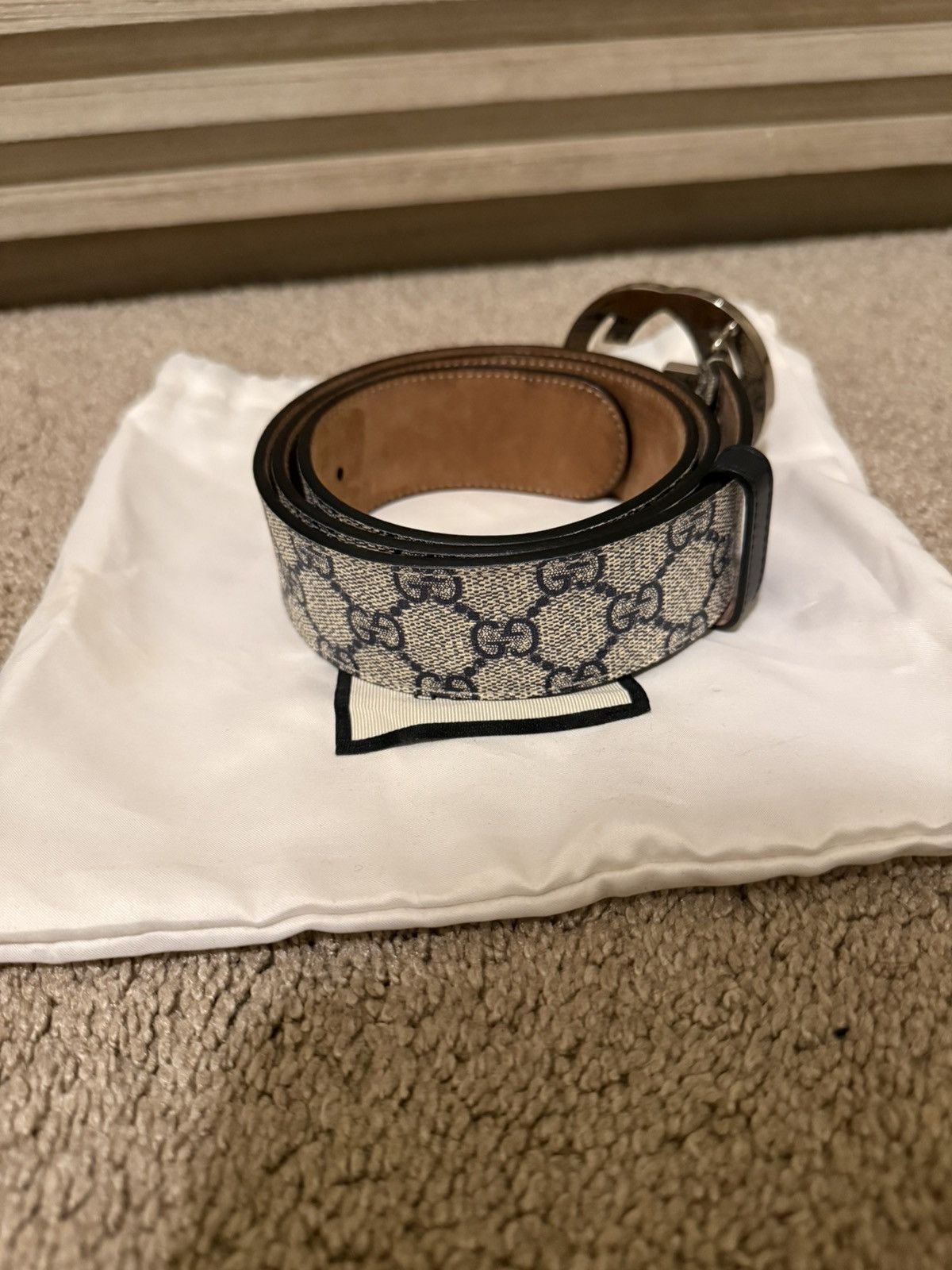 Gucci Gucci GG Supreme Interlocking G Belt Navy Silver 90/36 Size 36 - 2 Thumbnail