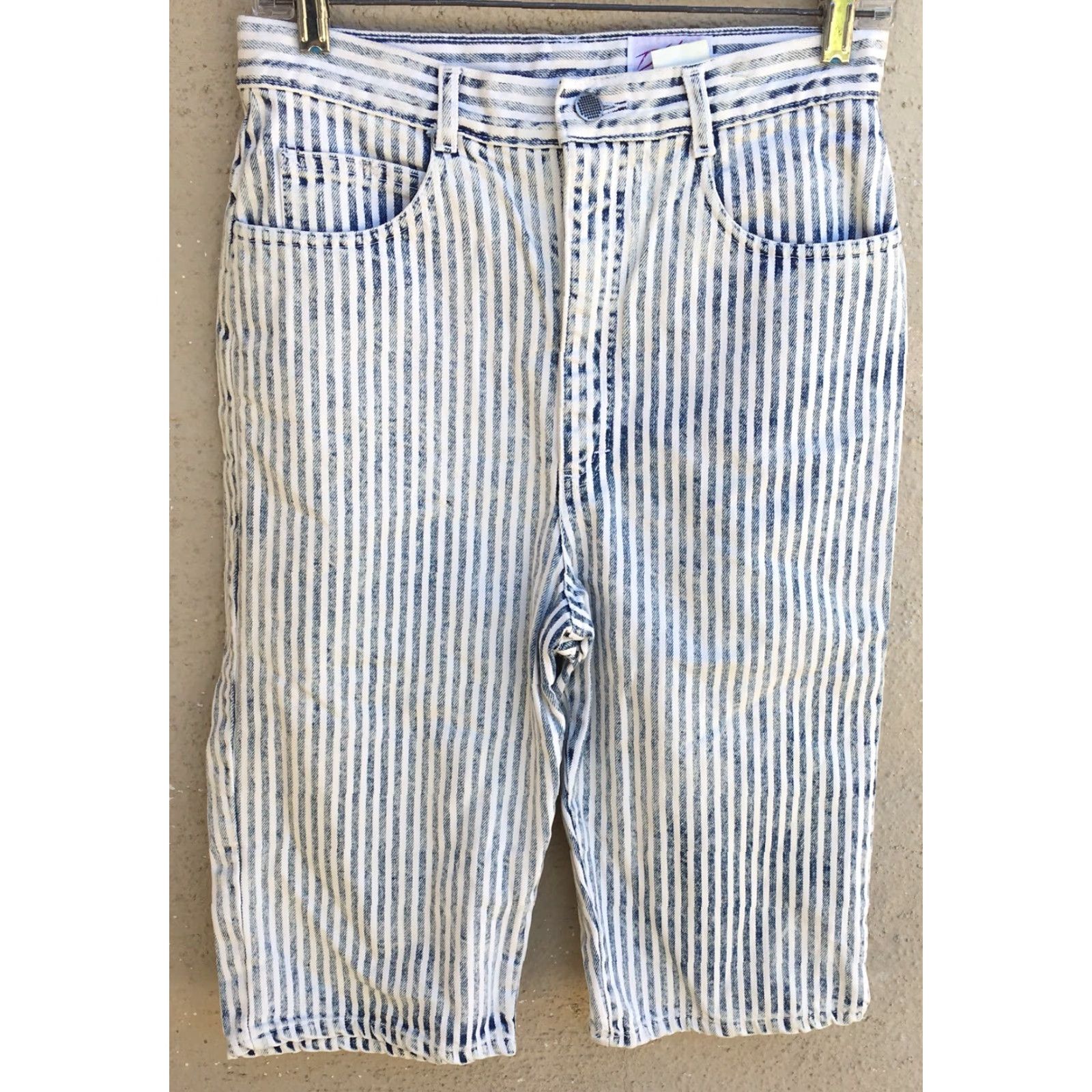Denime VINTAGE Dirty Dancing Striped Acid Wash Denim Shorts 1980s 80s Size 12 29” Waist Denim Shorts Womens Boys Girls Mens Size 34" / US 12 / IT 48 - 3 Thumbnail