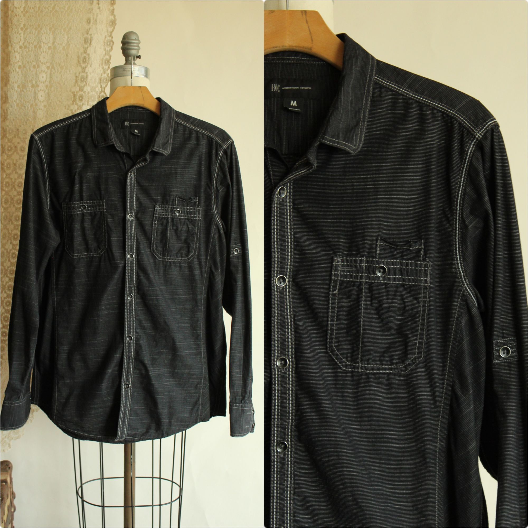 I.N.C INC Men's shirt, Button down, size M, black and gray pinstri Size US M / EU 48-50 / 2 - 1 Thumbnail