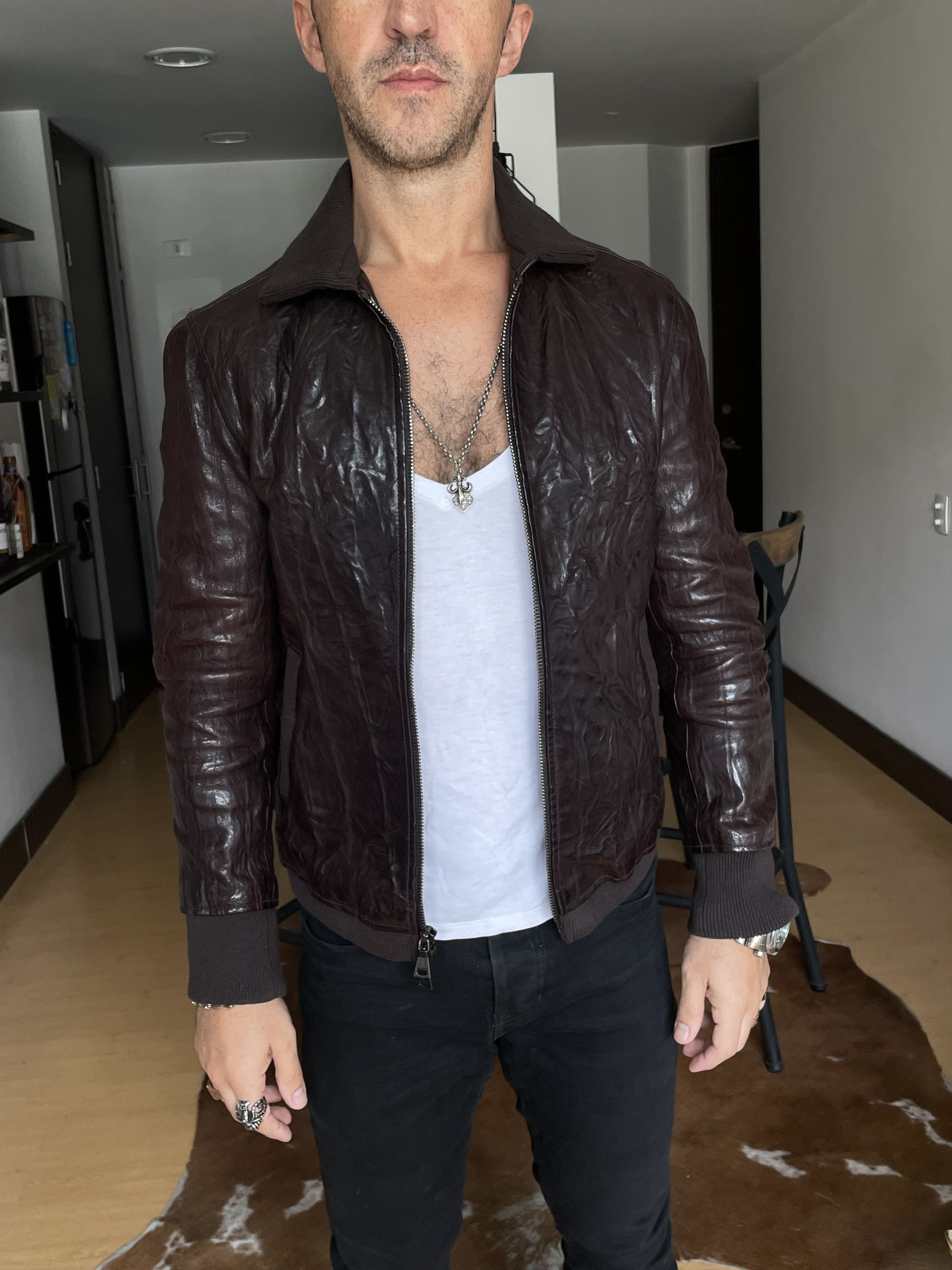 John Varvatos John Varvatos Crinkled Bomber Leather Jacket Brown $2698 Size US S / EU 44-46 / 1 - 6 Thumbnail