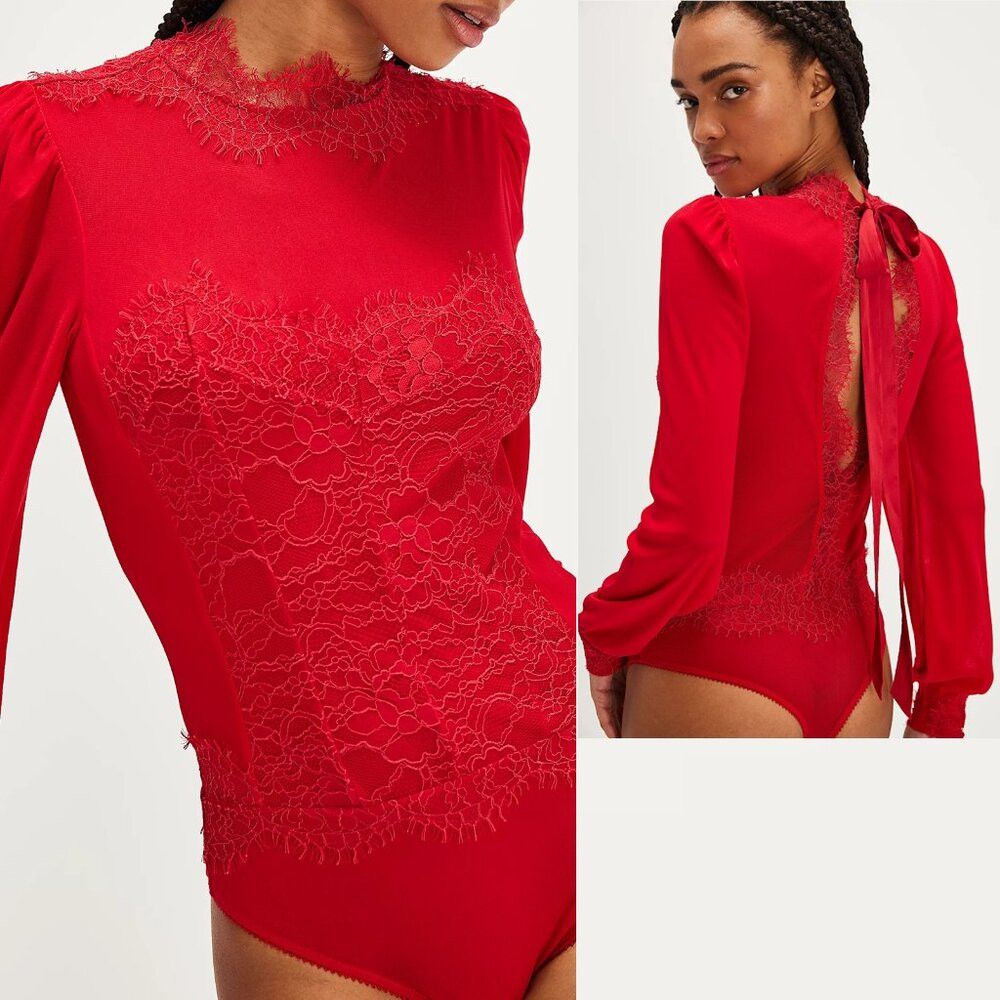 Free People NWT New Free People Sweet Nothings Long Sleeve Red Bodysuit Size M / US 6-8 / IT 42-44 - 1 Thumbnail