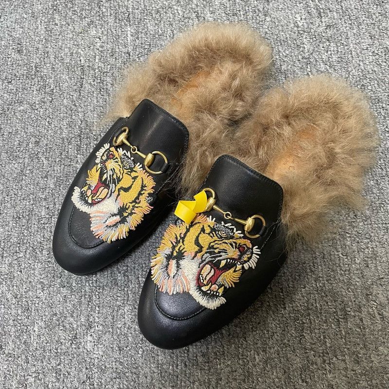 Gucci Black Tiger Embroidered Fur Slides