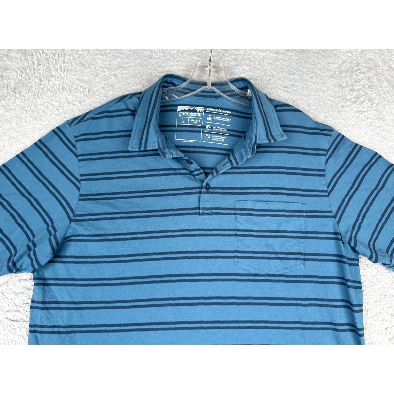 Patagonia Patagonia Polo Shirt Adult Large Blue Stripe 100% Cotton Pocket Short Sleeve Shirt Mens Regular Blue Striped Polo Size US L / EU 52-54 / 3 - 4 Thumbnail