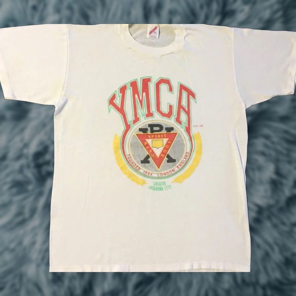Vintage Vtg Oklahoma YMCA Distressed Faded Spellout Shirt M USA Track & PE School Gym Grunge 80s 90s Size US M / EU 48-50 / 2 - 1 Thumbnail