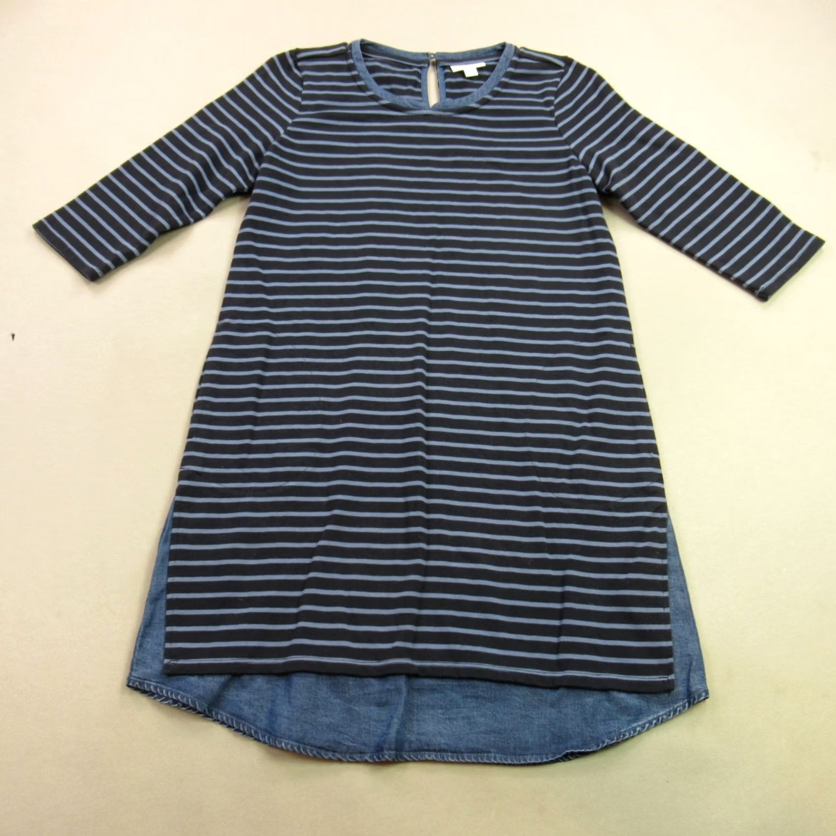 J. Jill J Jill Shirt Dress Womens XS Petite Long Sleeve Crew Neck Stripes Casual Knit 100% Cotton Knee Length Blue Women's Mens? Size XS / US 0-2 / IT 36-38 - 2 Thumbnail