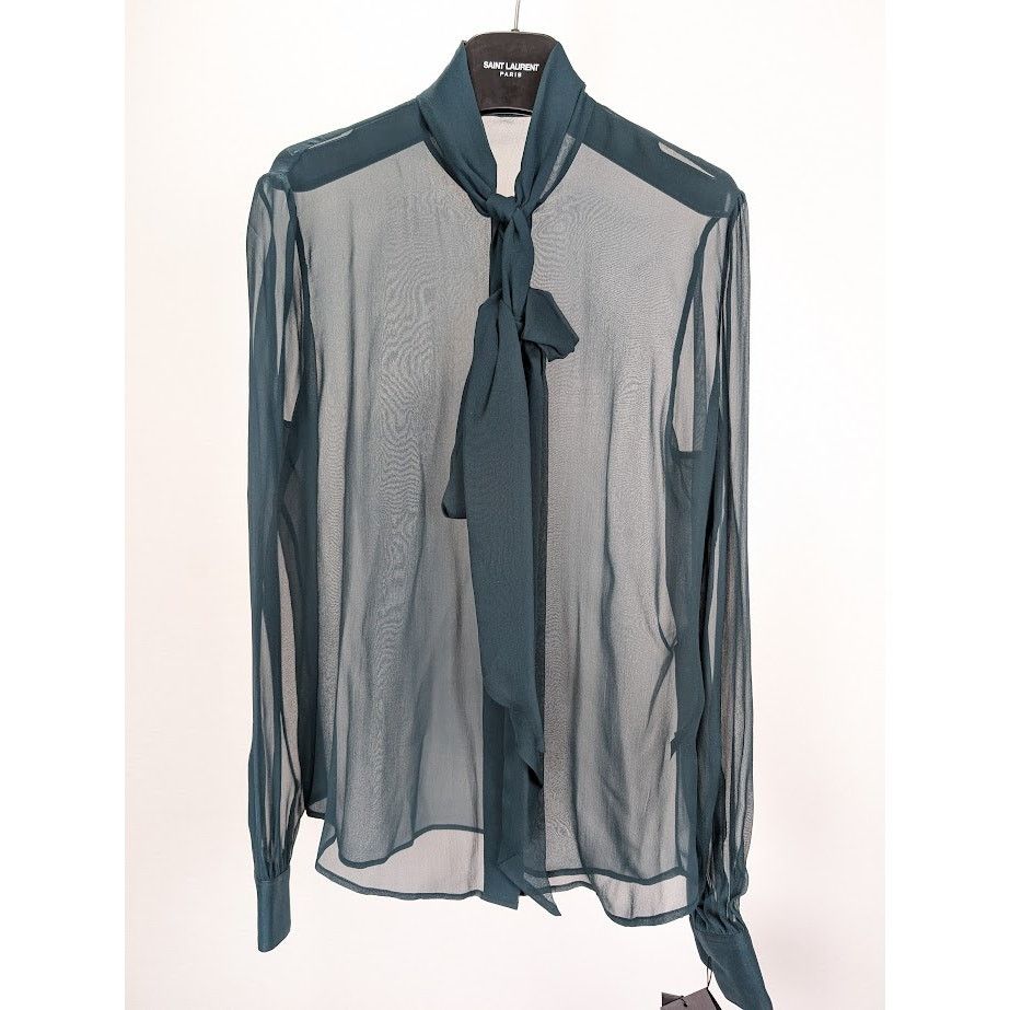 Saint Laurent Paris o1rshd1 Crepee De Soie Blouse in Canard Size M / US 6-8 / IT 42-44 - 1 Thumbnail