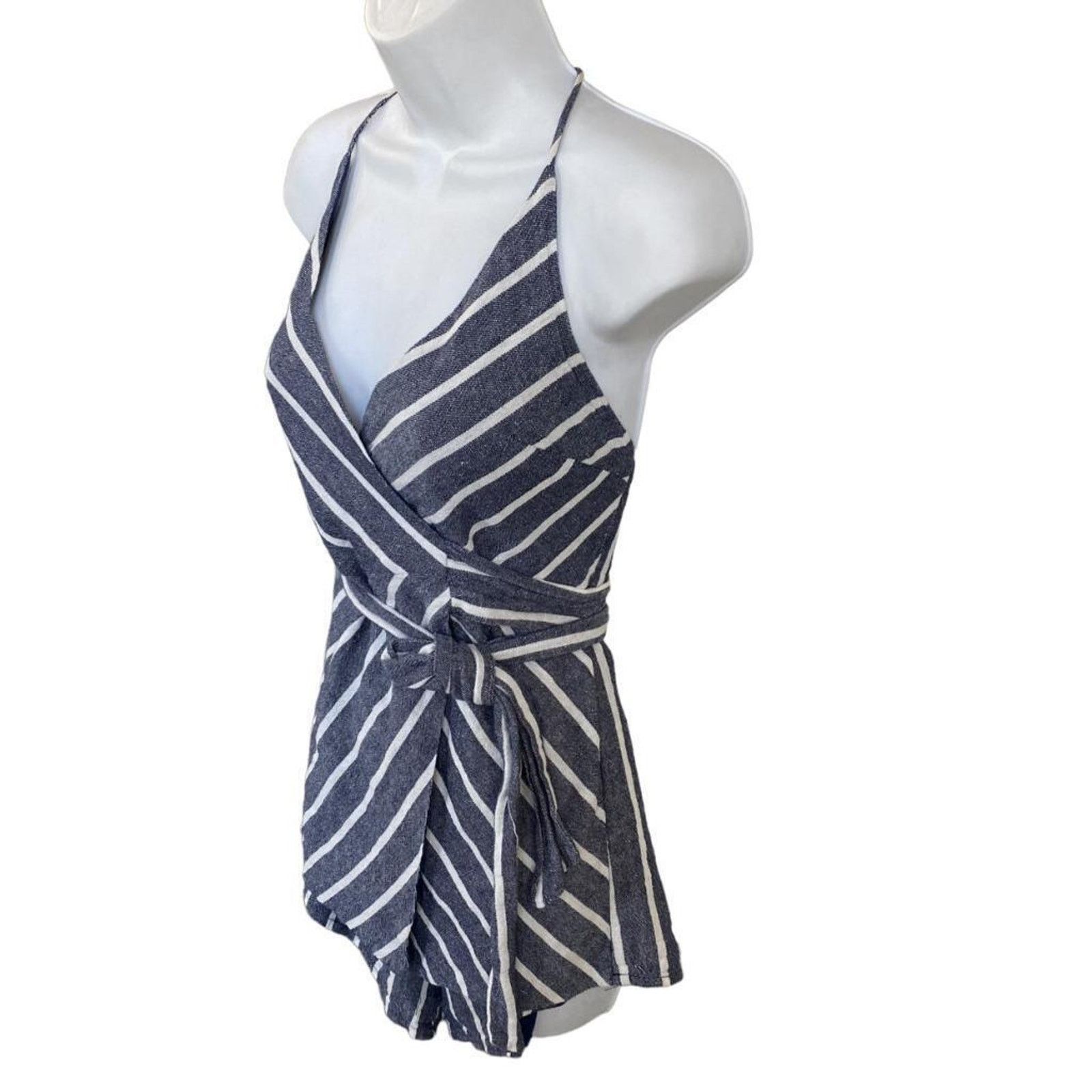 Other Here Comes The Sun XS Navy & White Stripe Wrap Halter Romper Size 25" / US 0 / IT 36 - 3 Thumbnail