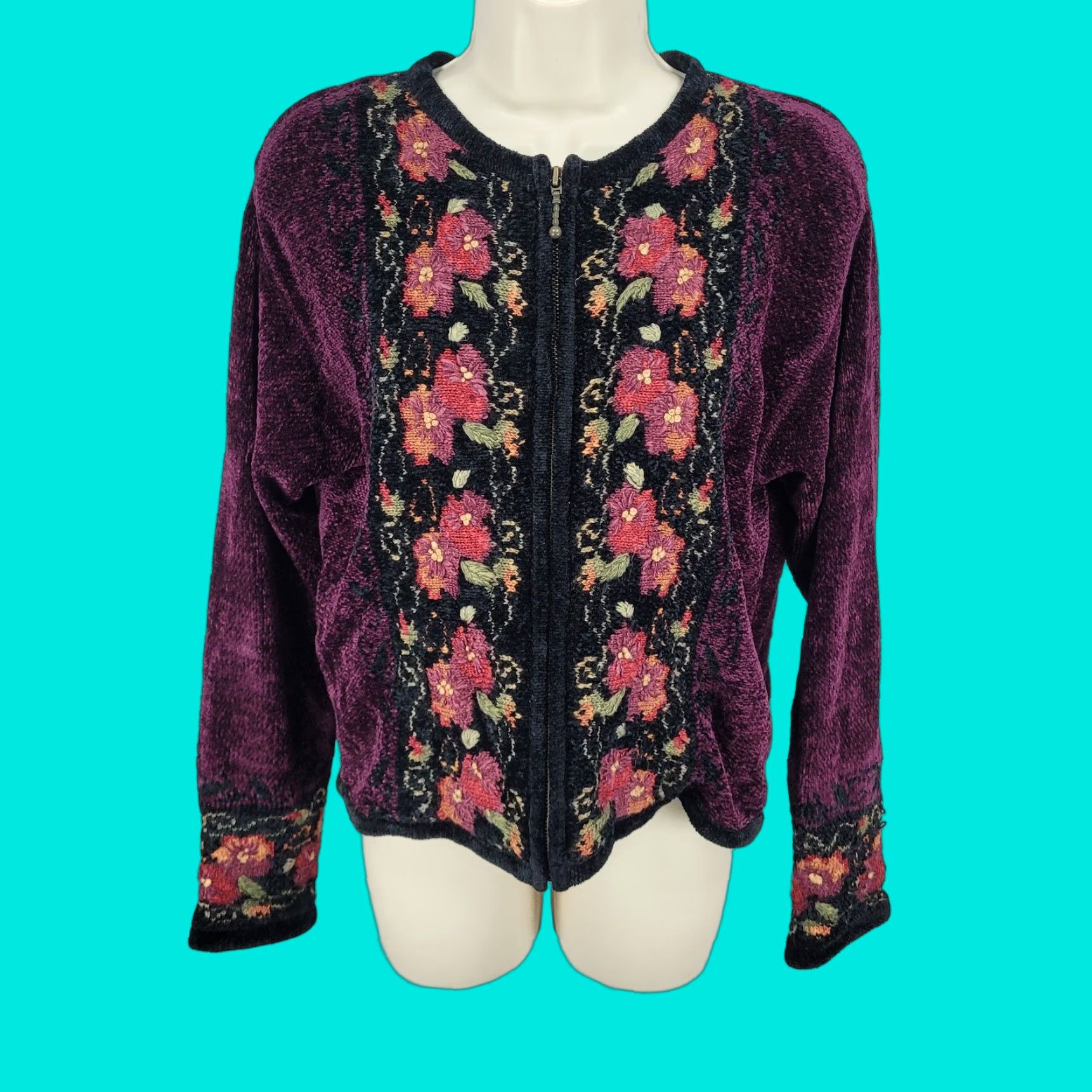 Coldwater Creek Coldwater Creek Purple Velvet Floral Embroidered Full Zip Jacket Small S Size S / US 4 / IT 40 - 1 Thumbnail