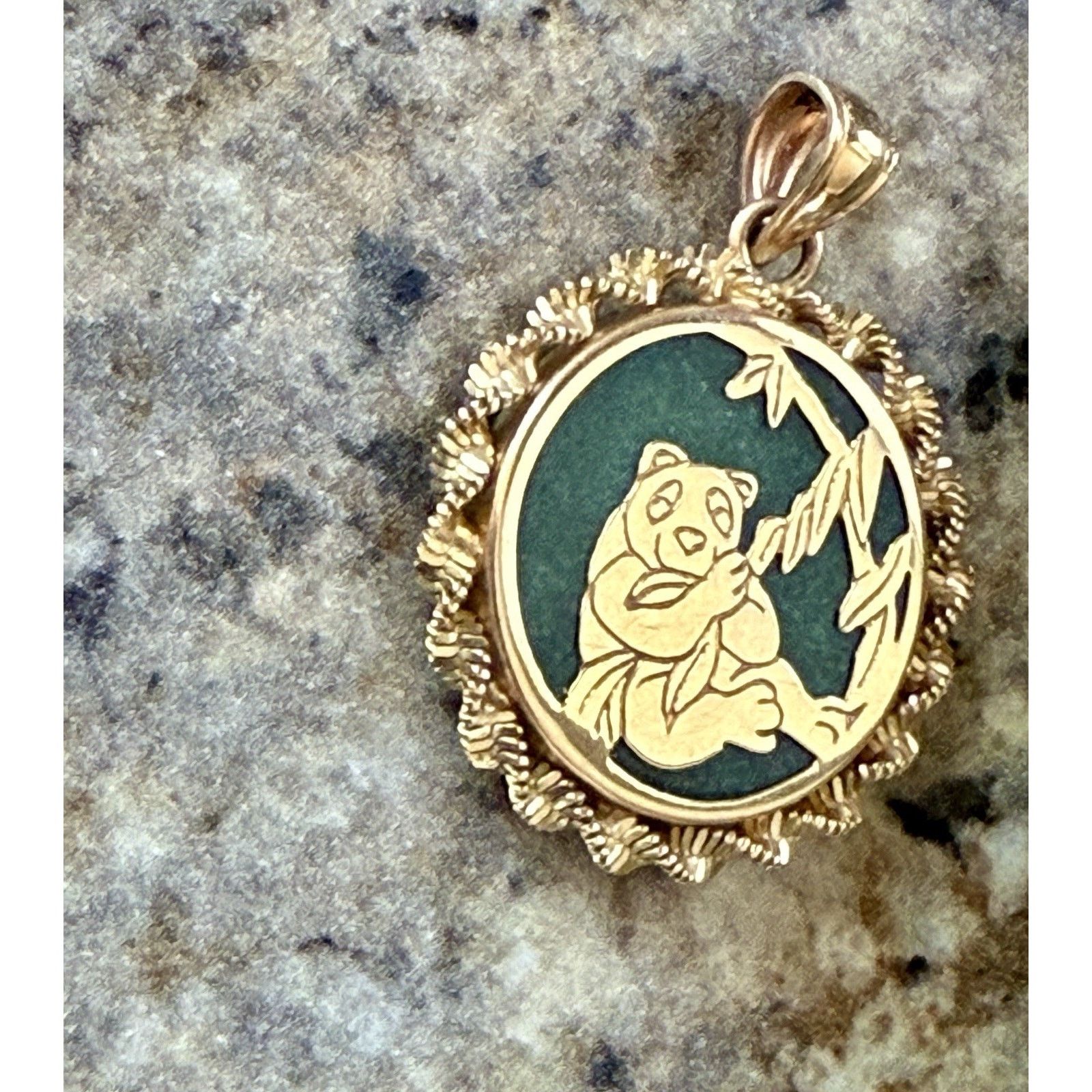 Other Yellow Gold Green Jade Panda Eating Leaves, Circle Pendant Size ONE SIZE - 6 Thumbnail