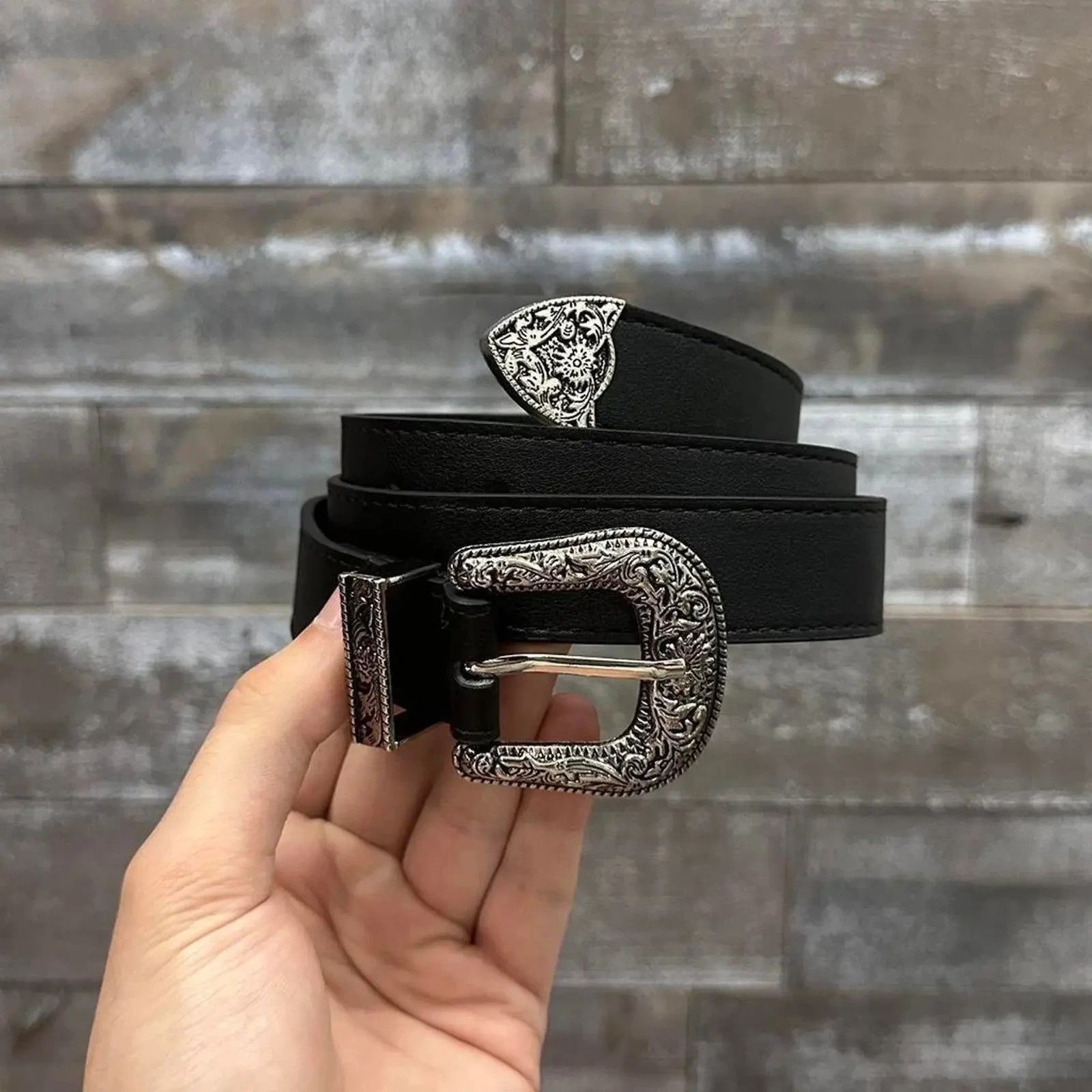 Other Black western style belt with silver engraved buckle MENS Size 30 - 1 Thumbnail