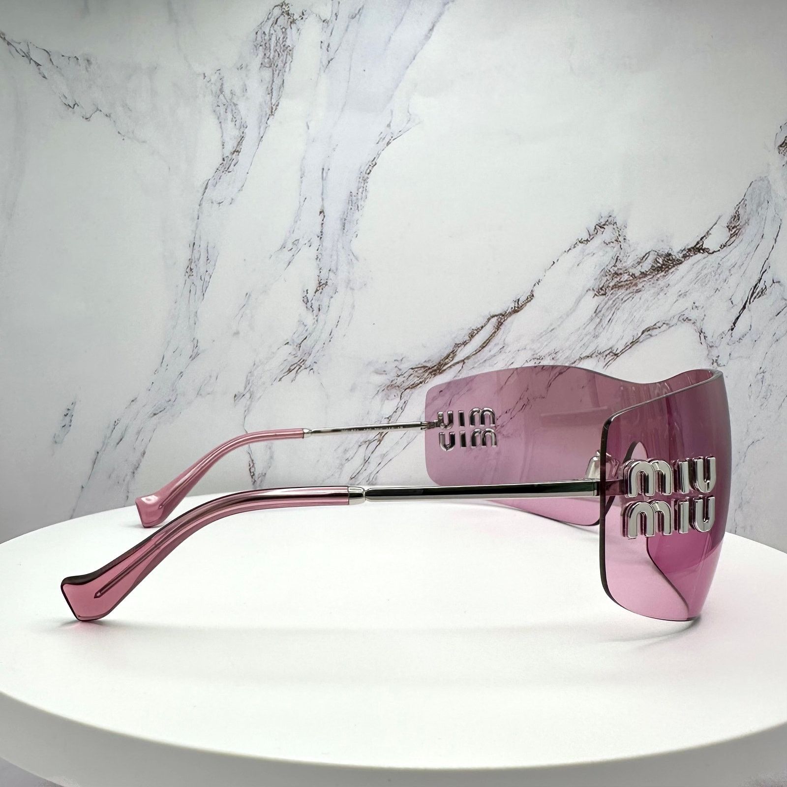 Miu Miu New MIU MIU Sunglasses Silver Pink Mirror Rimless Wrap Size ONE SIZE - 24 Thumbnail