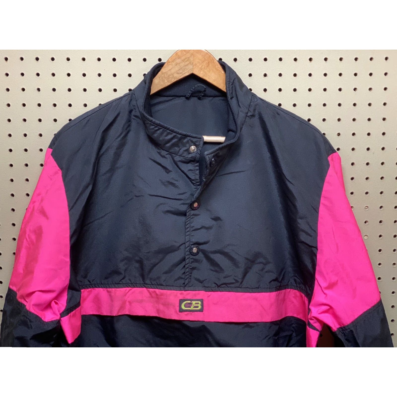 CB Sports VINTAGE CB Sports Jacket Men M/L Neon Pink Black Nylon 1989 1980s Pullover Kangaroo Pocket Snaps Modern Retro Look Men/Womens Size M / US 6-8 / IT 42-44 - 3 Thumbnail
